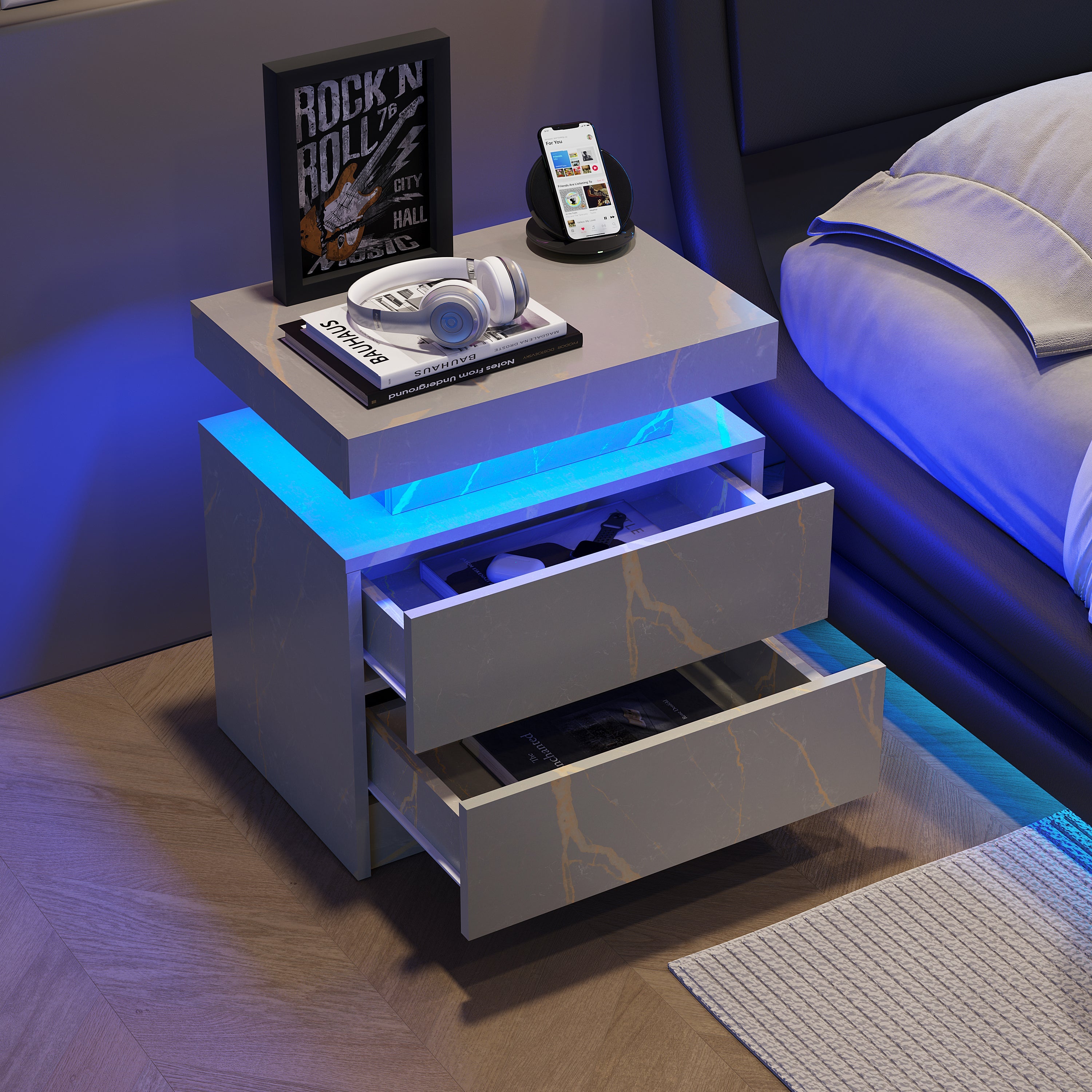 Modern Nightstand w/ LED Lights & 2 Drawers - Grey Gold-American Furniture Outlet