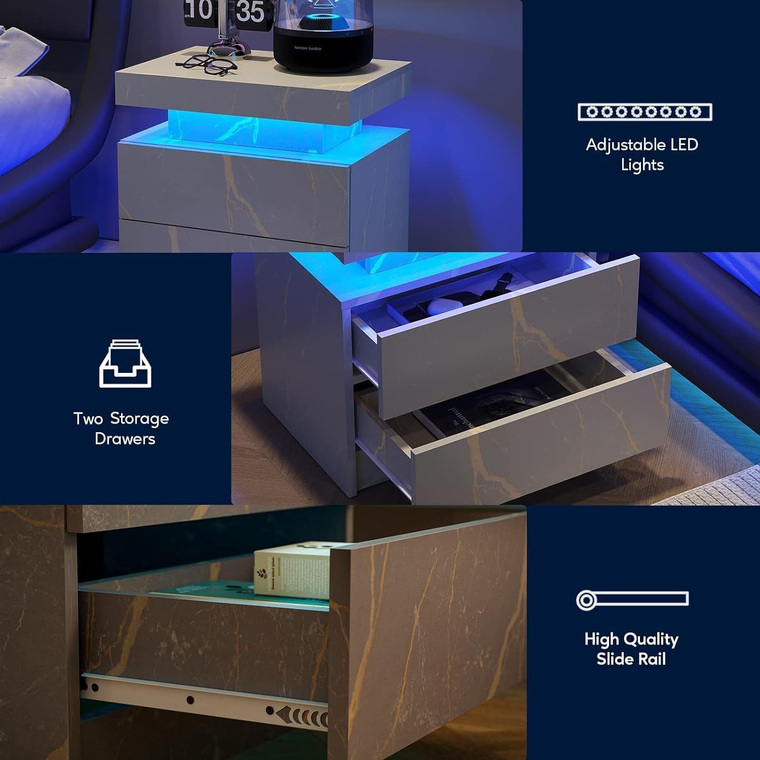 Modern Nightstand w/ LED Lights & 2 Drawers - Grey Gold-American Furniture Outlet
