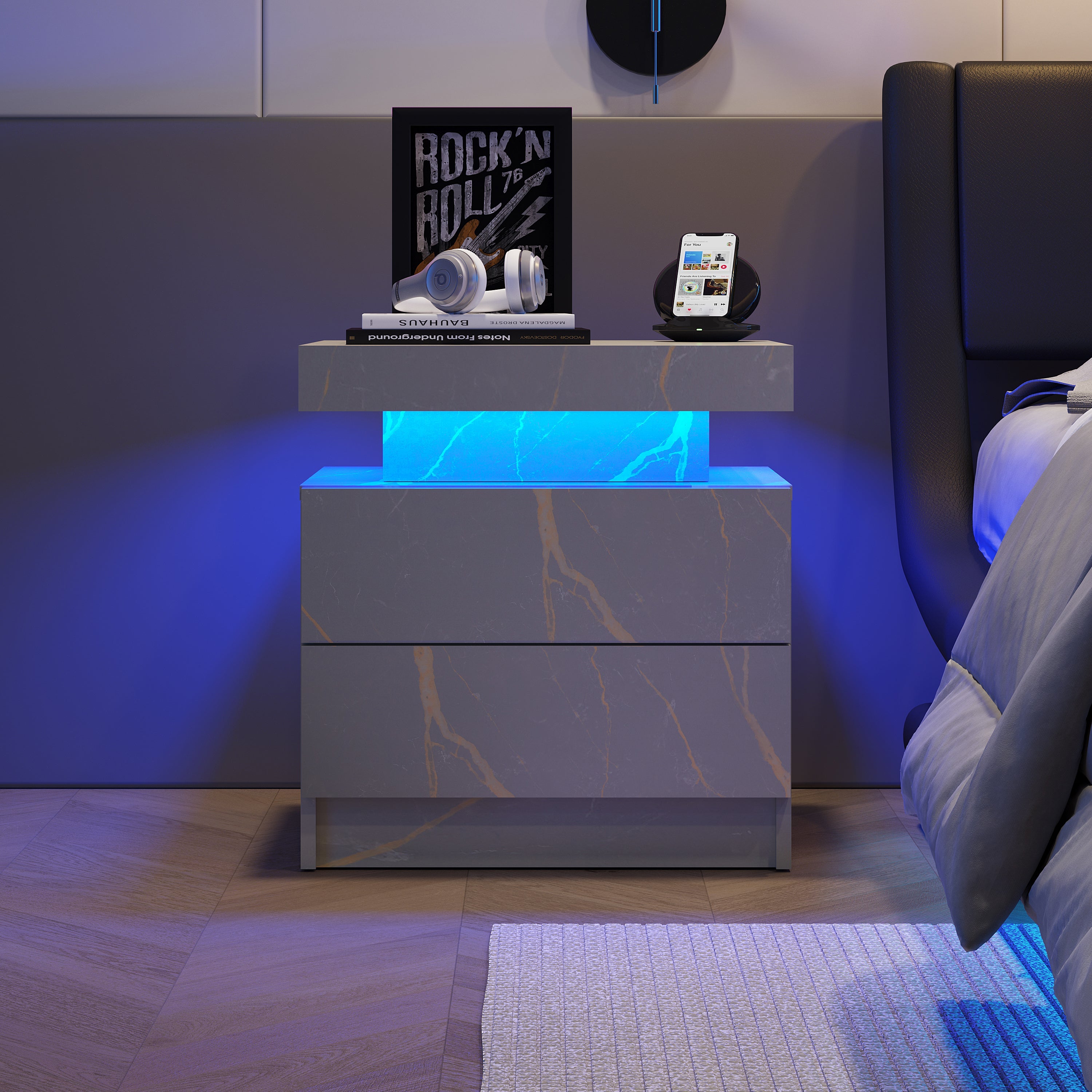 Modern Nightstand w/ LED Lights & 2 Drawers - Grey Gold-American Furniture Outlet