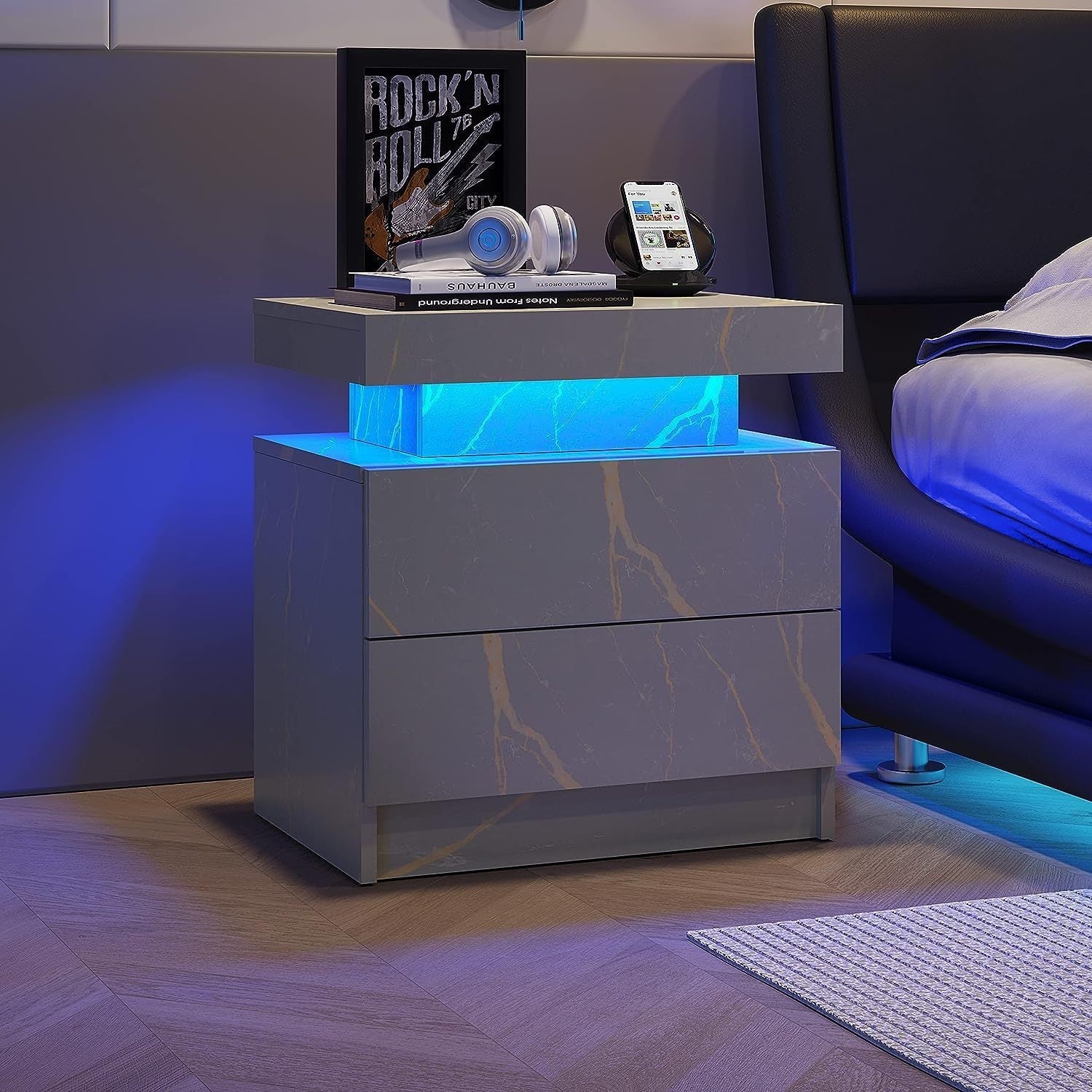Modern Nightstand w/ LED Lights & 2 Drawers - Grey Gold-American Furniture Outlet