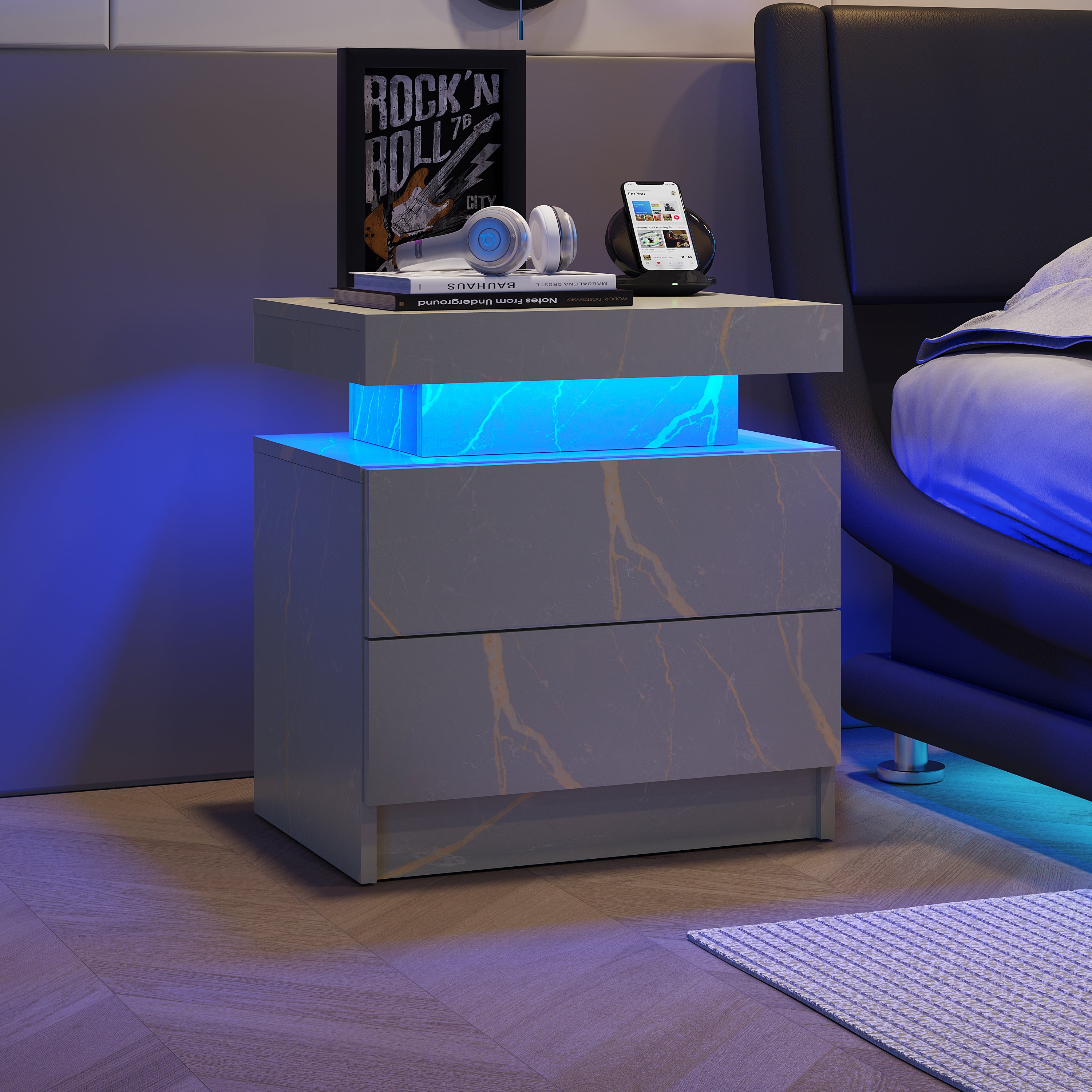Modern Nightstand w/ LED Lights & 2 Drawers - Grey Gold-American Furniture Outlet