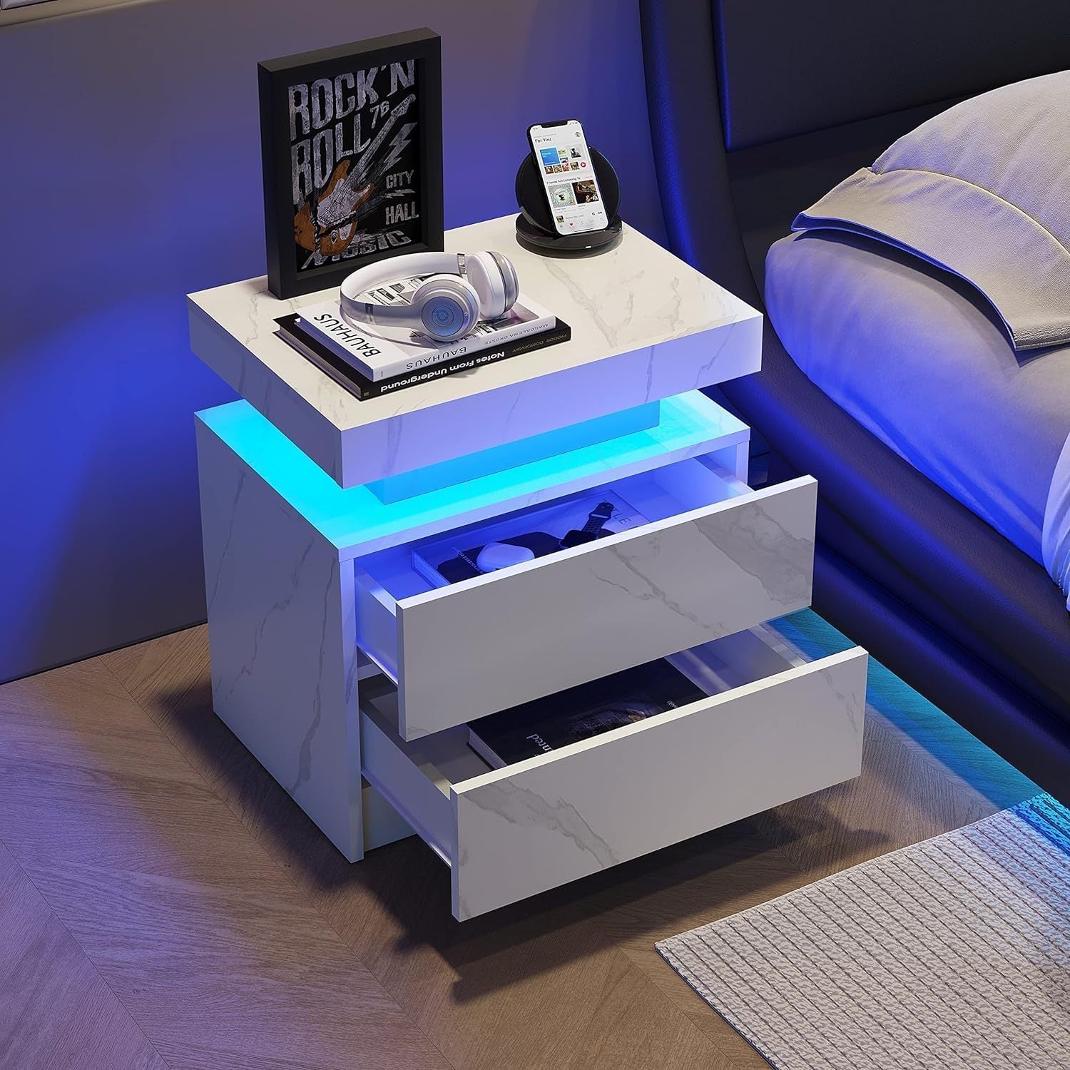 Modern Nightstand w/ LED Lights & 2 Drawers - White-American Furniture Outlet