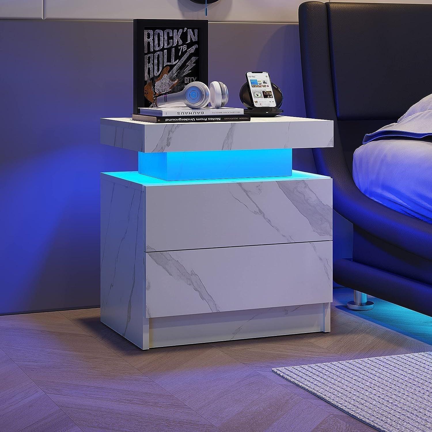 Modern Nightstand w/ LED Lights & 2 Drawers - White-American Furniture Outlet