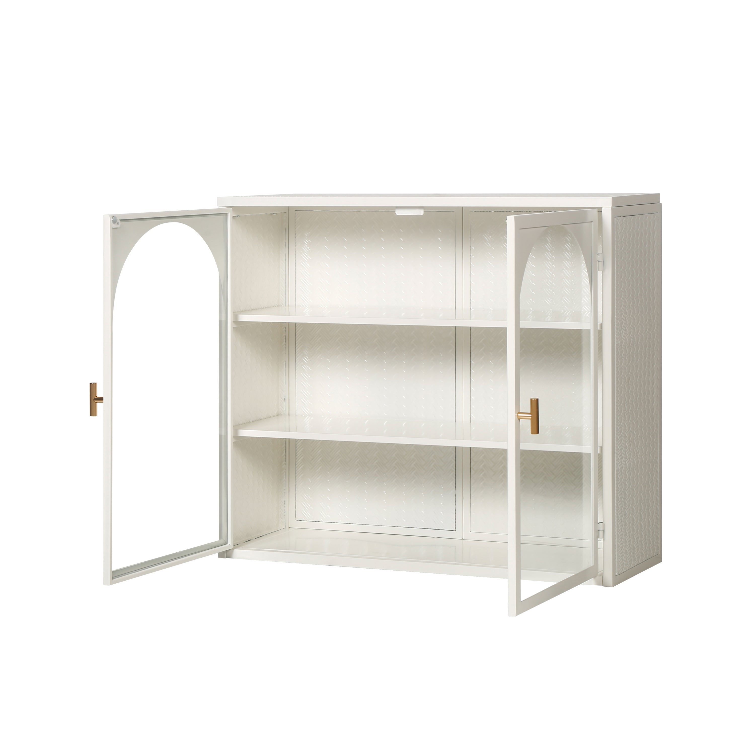 Modern Two-Door Wall Cabinet with Glass Doors: Three-Tier Storage for Entryway, Living Room, Bathroom, Dining Room - Characteristic Woven Pattern, White-American Furniture Outlet