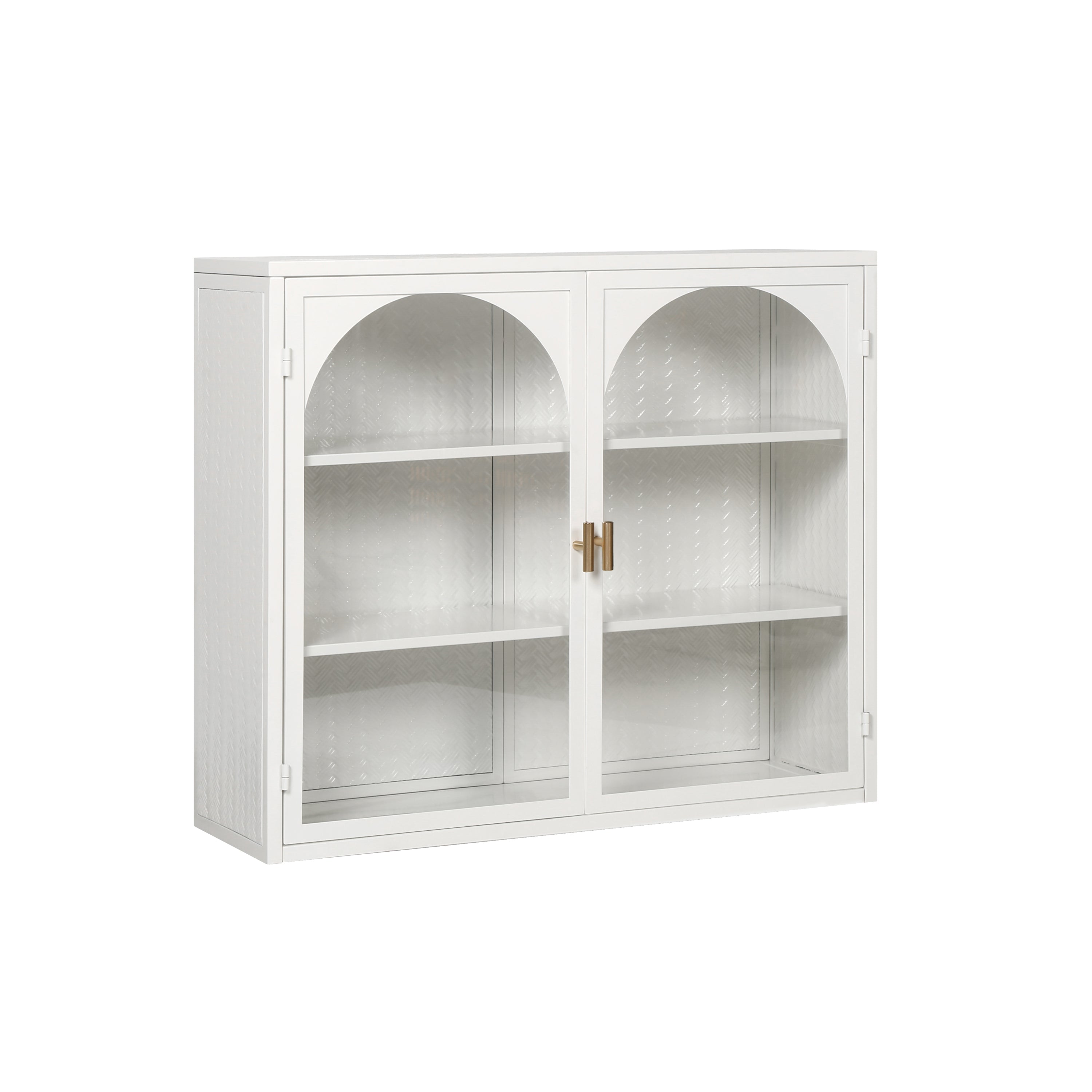 Modern Two-Door Wall Cabinet with Glass Doors: Three-Tier Storage for Entryway, Living Room, Bathroom, Dining Room - Characteristic Woven Pattern, White-American Furniture Outlet