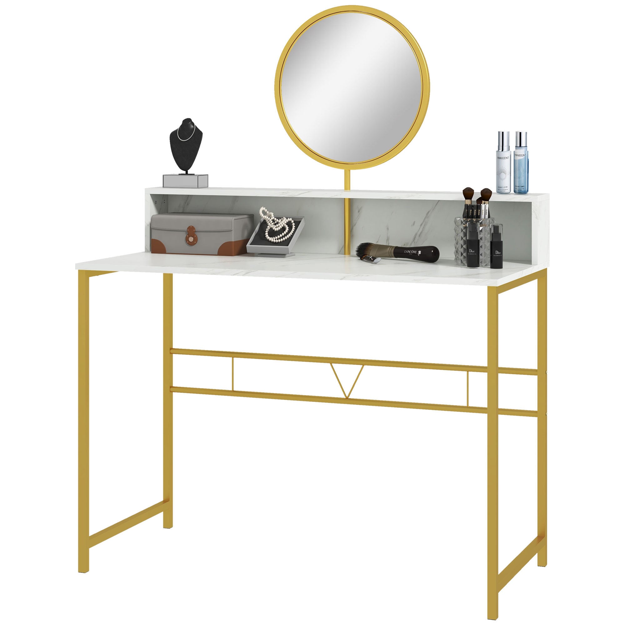 Modern Vanity Desk w/ Mirror, Gold & White-American Furniture Outlet