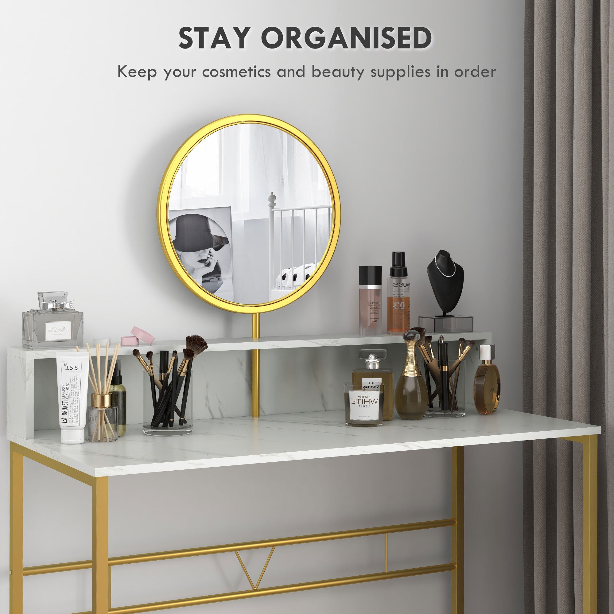 Modern Vanity Desk w/ Mirror, Gold & White-American Furniture Outlet