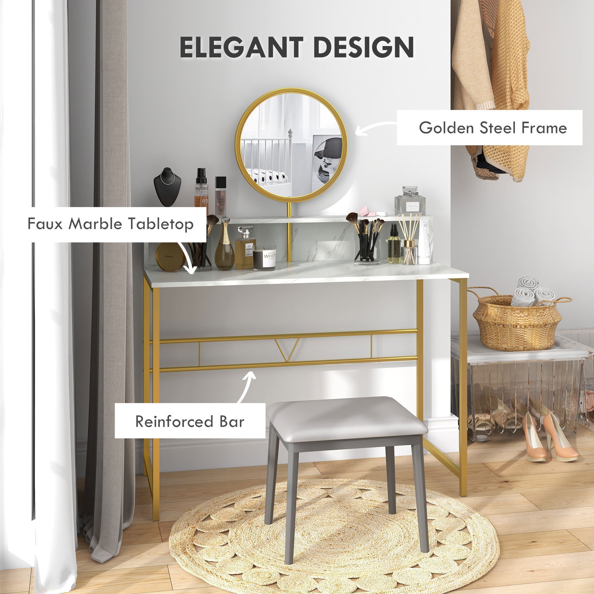 Modern Vanity Desk w/ Mirror, Gold & White-American Furniture Outlet