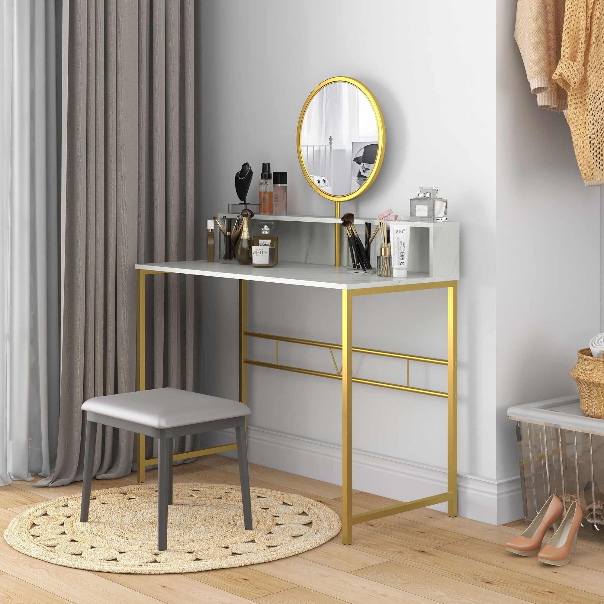 Modern Vanity Desk w/ Mirror, Gold & White-American Furniture Outlet