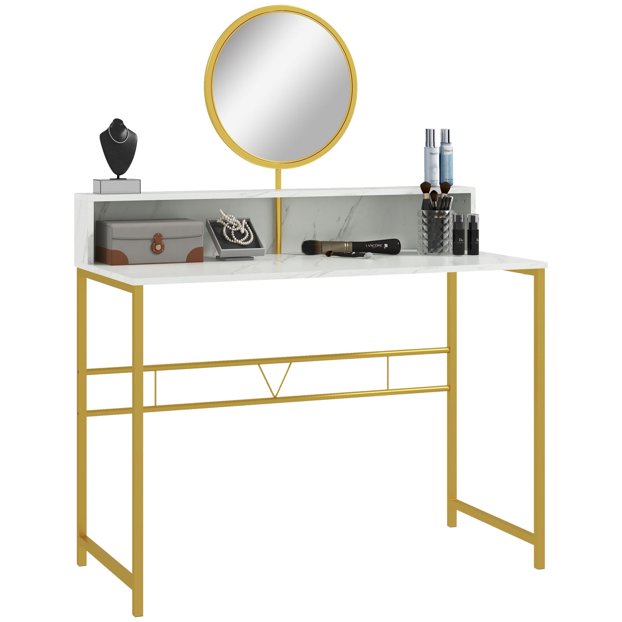 Modern Vanity Desk w/ Mirror, Gold & White-American Furniture Outlet