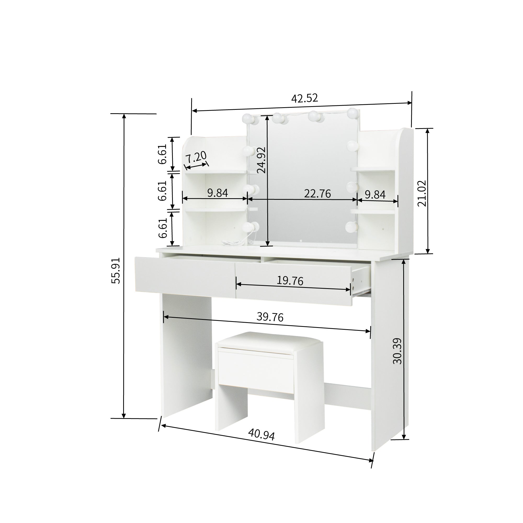 Modern Vanity Desk w/Mirror, 10 Lights, 4 Drawers-American Furniture Outlet