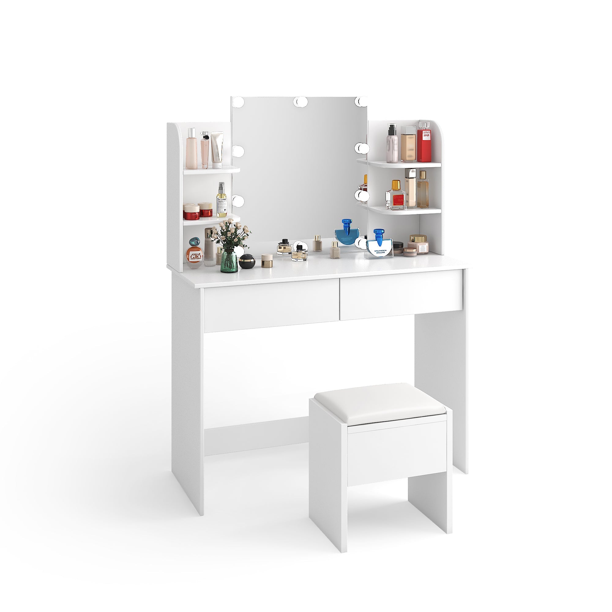 Modern Vanity Desk w/Mirror, 10 Lights, 4 Drawers-American Furniture Outlet