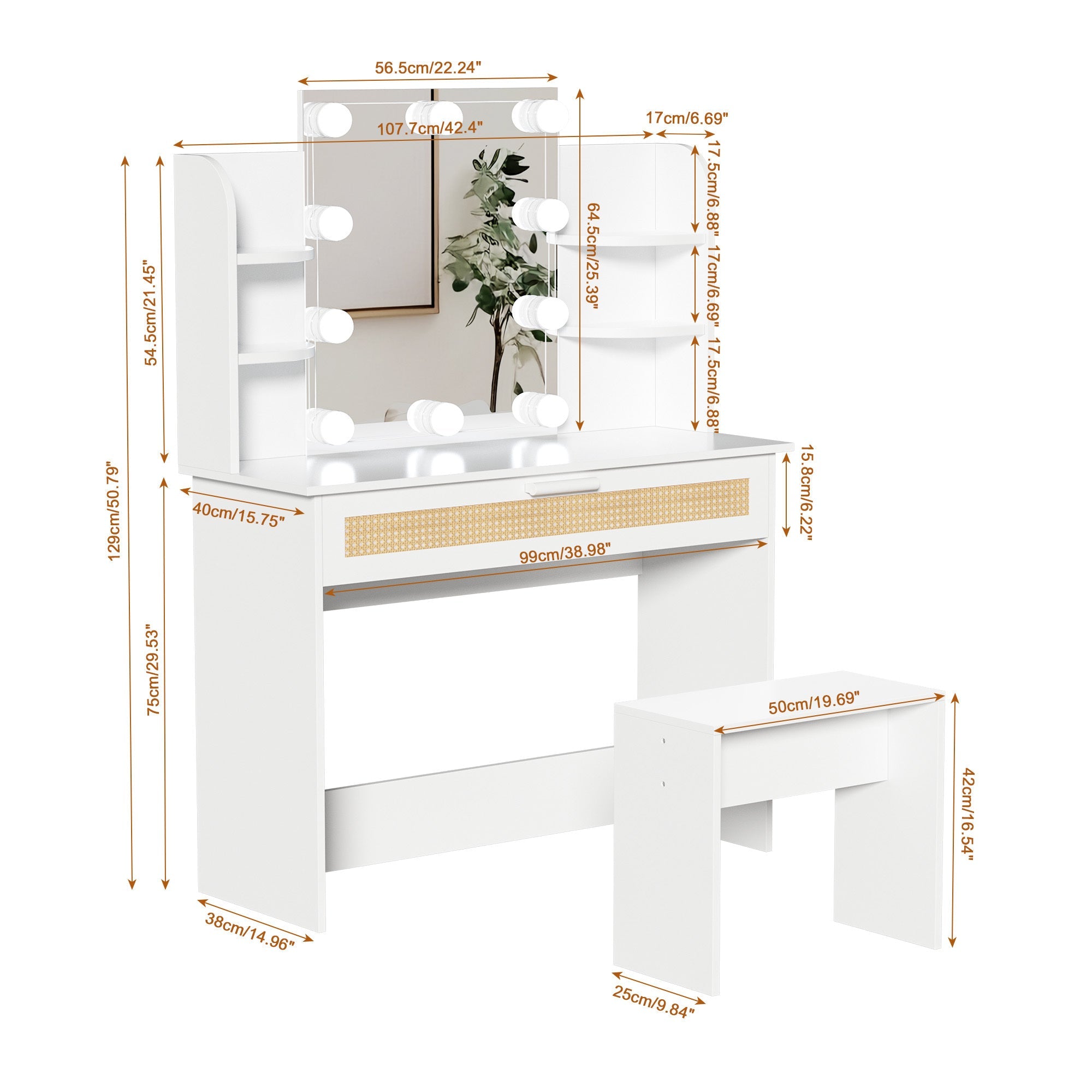 Modern Vanity Desk with LED Mirror & Drawers - White-American Furniture Outlet