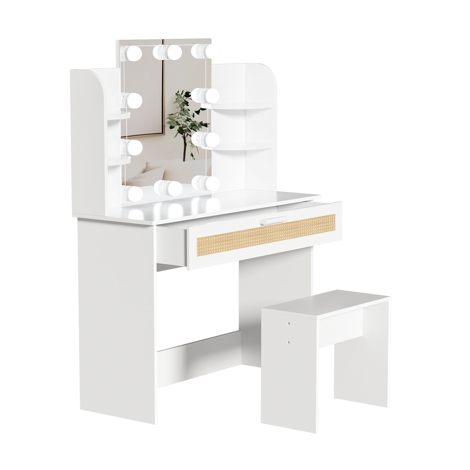 Modern Vanity Desk with LED Mirror & Drawers - White-American Furniture Outlet