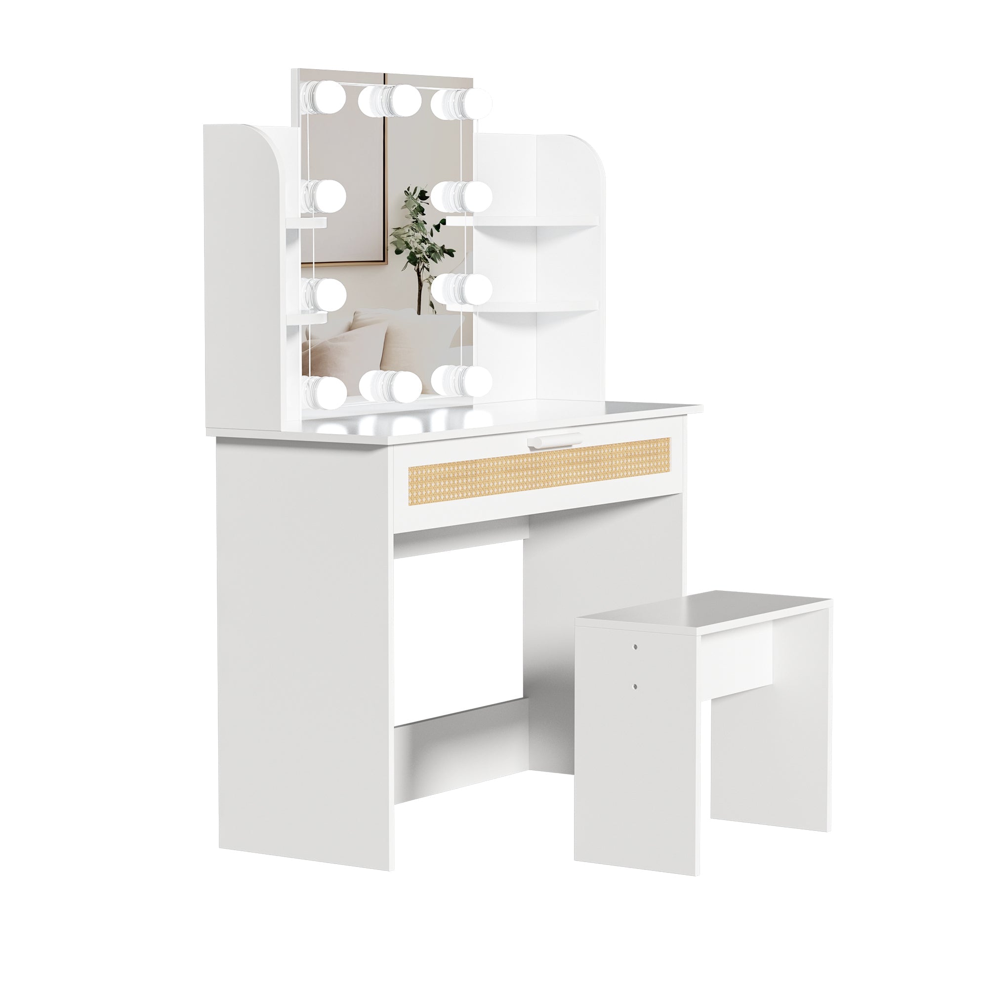 Modern Vanity Desk with LED Mirror & Drawers - White-American Furniture Outlet