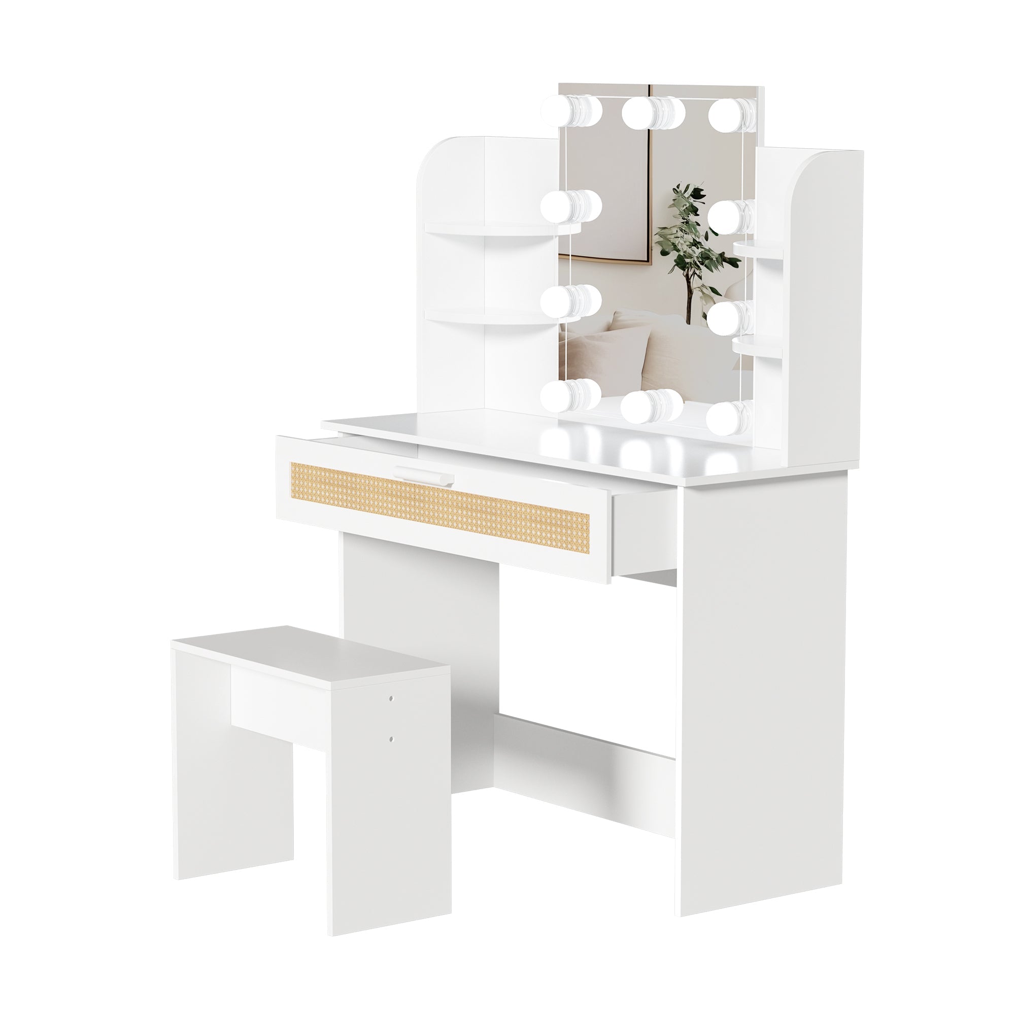 Modern Vanity Desk with LED Mirror & Drawers - White-American Furniture Outlet