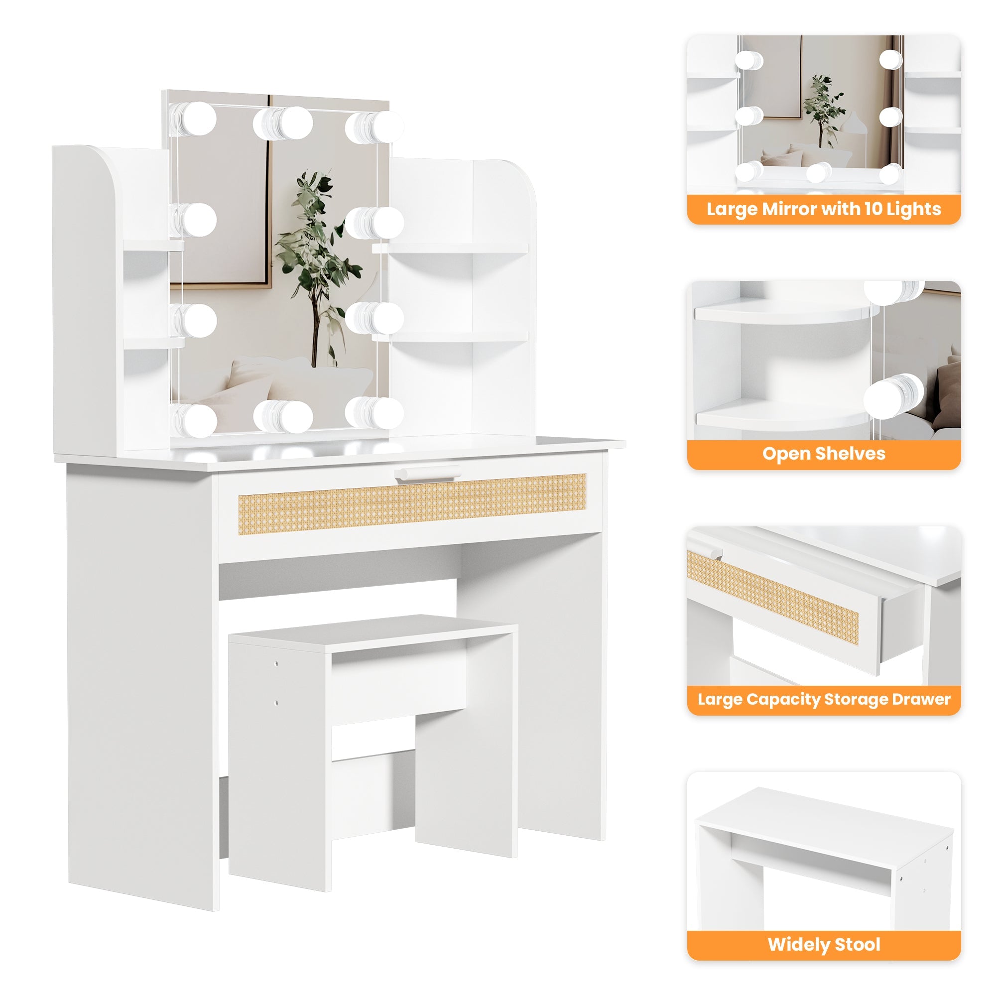 Modern Vanity Desk with LED Mirror & Drawers - White-American Furniture Outlet