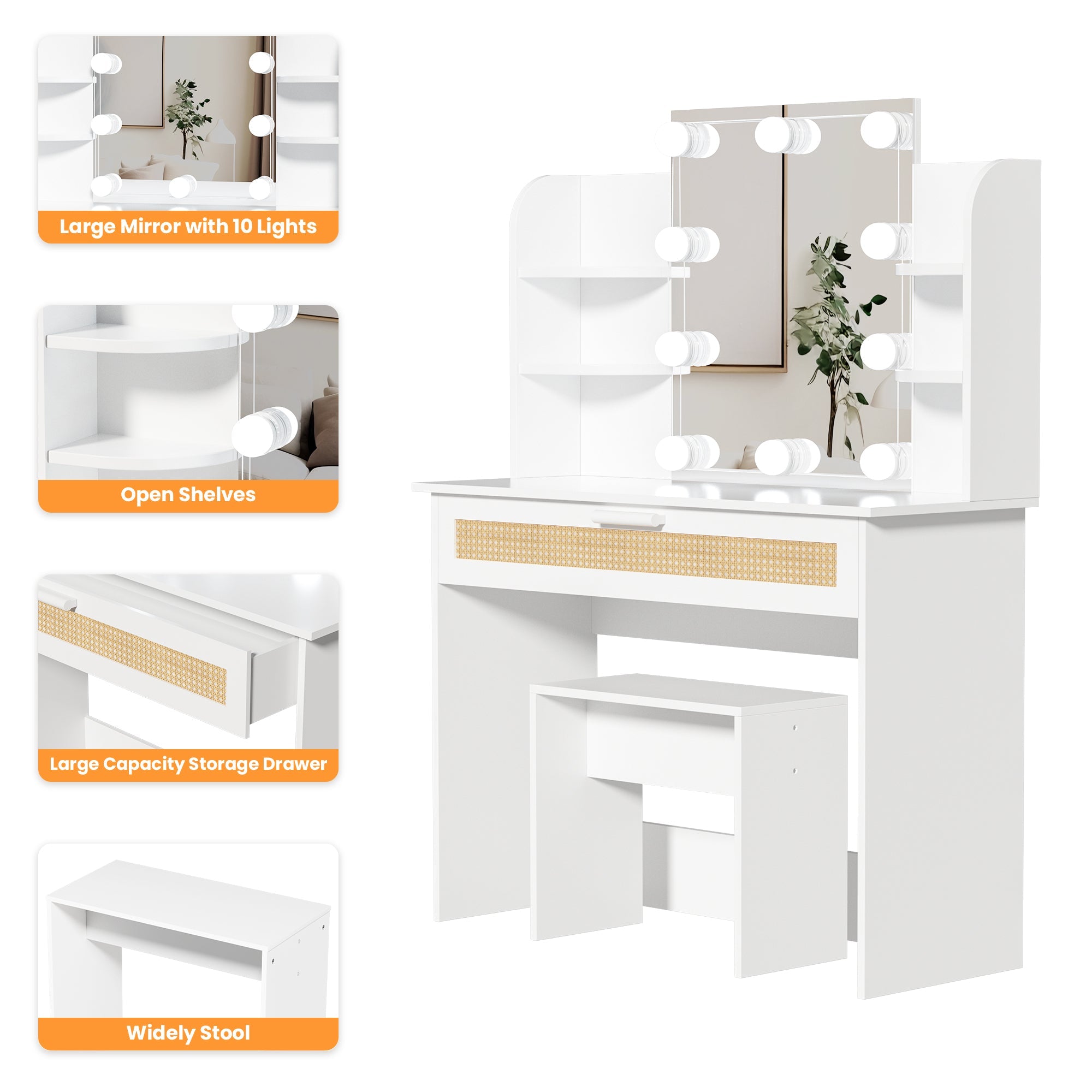 Modern Vanity Desk with LED Mirror & Drawers - White-American Furniture Outlet