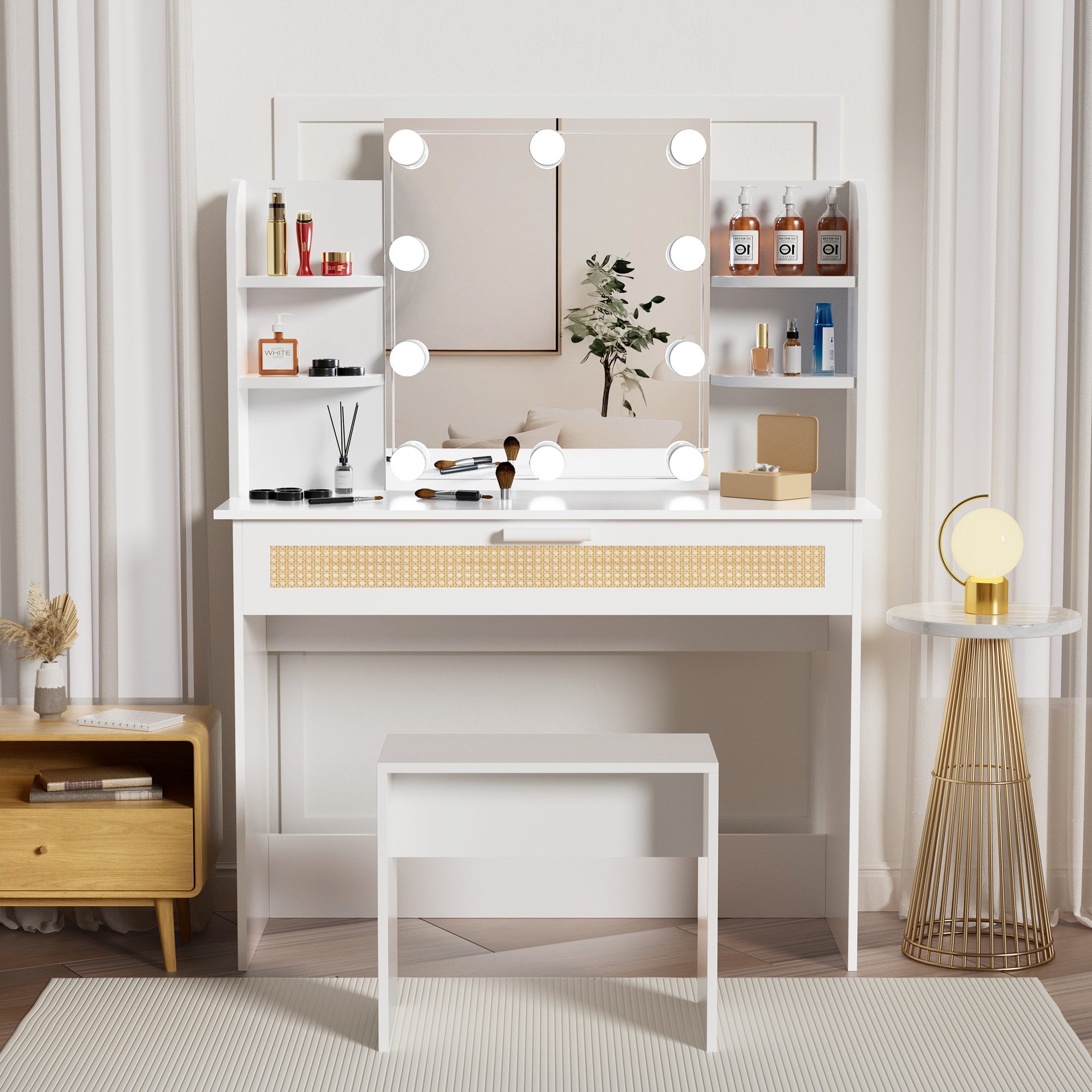 Modern Vanity Desk with LED Mirror & Drawers - White-American Furniture Outlet