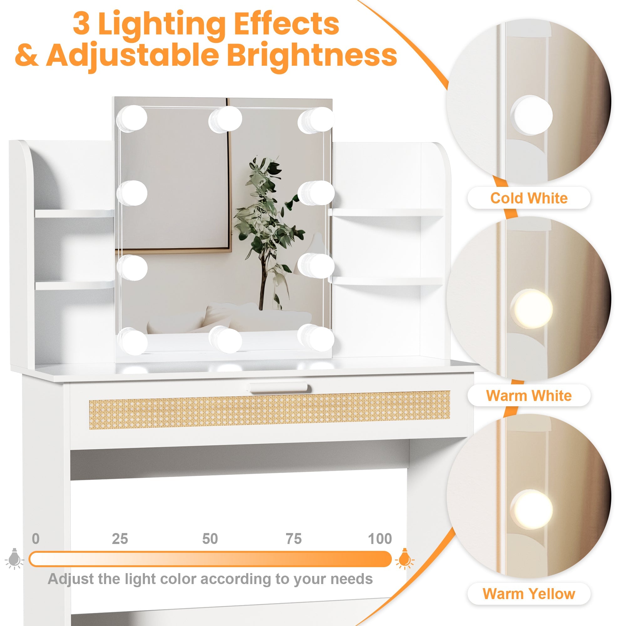 Modern Vanity Desk with LED Mirror & Drawers - White-American Furniture Outlet