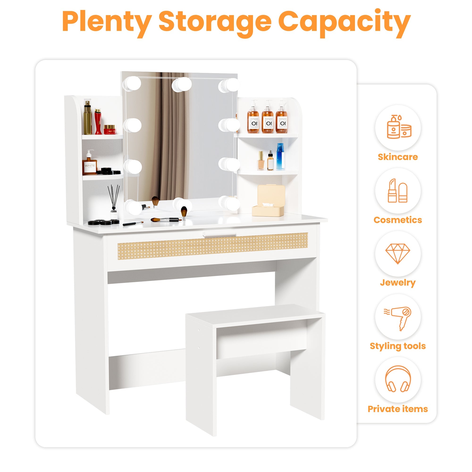 Modern Vanity Desk with LED Mirror & Drawers - White-American Furniture Outlet