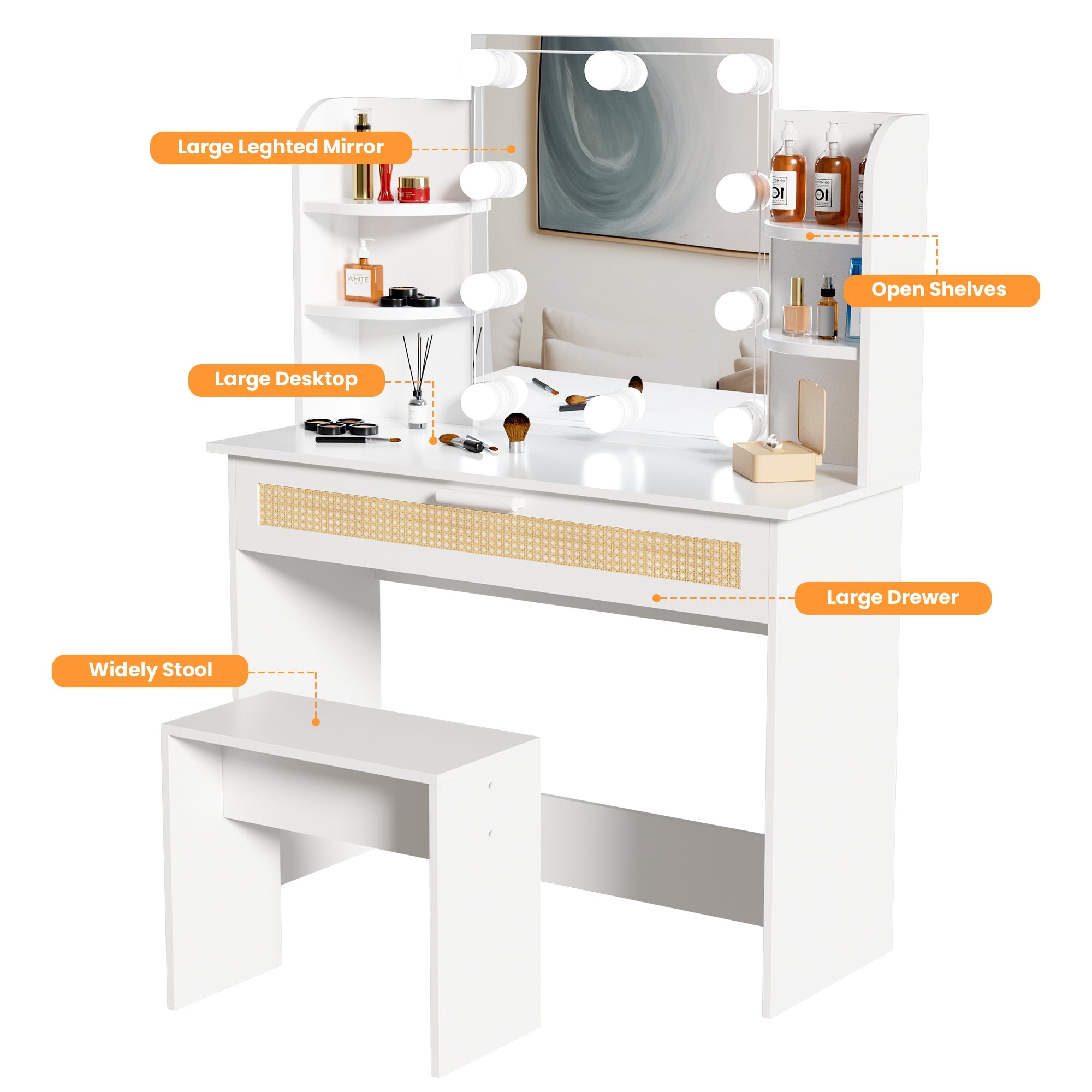 Modern Vanity Desk with LED Mirror & Drawers - White-American Furniture Outlet