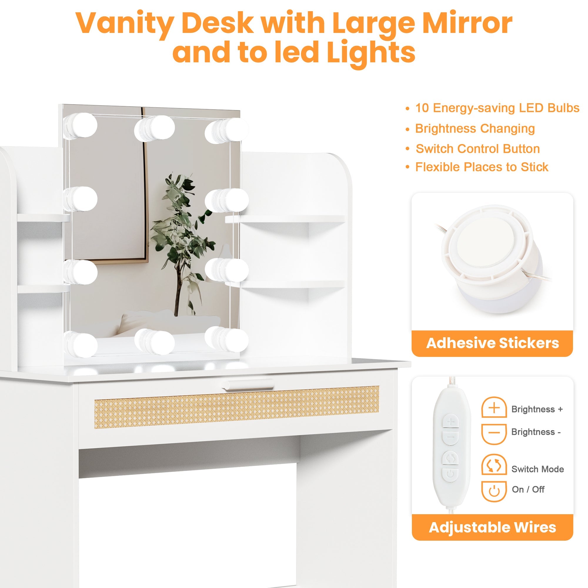 Modern Vanity Desk with LED Mirror & Drawers - White-American Furniture Outlet