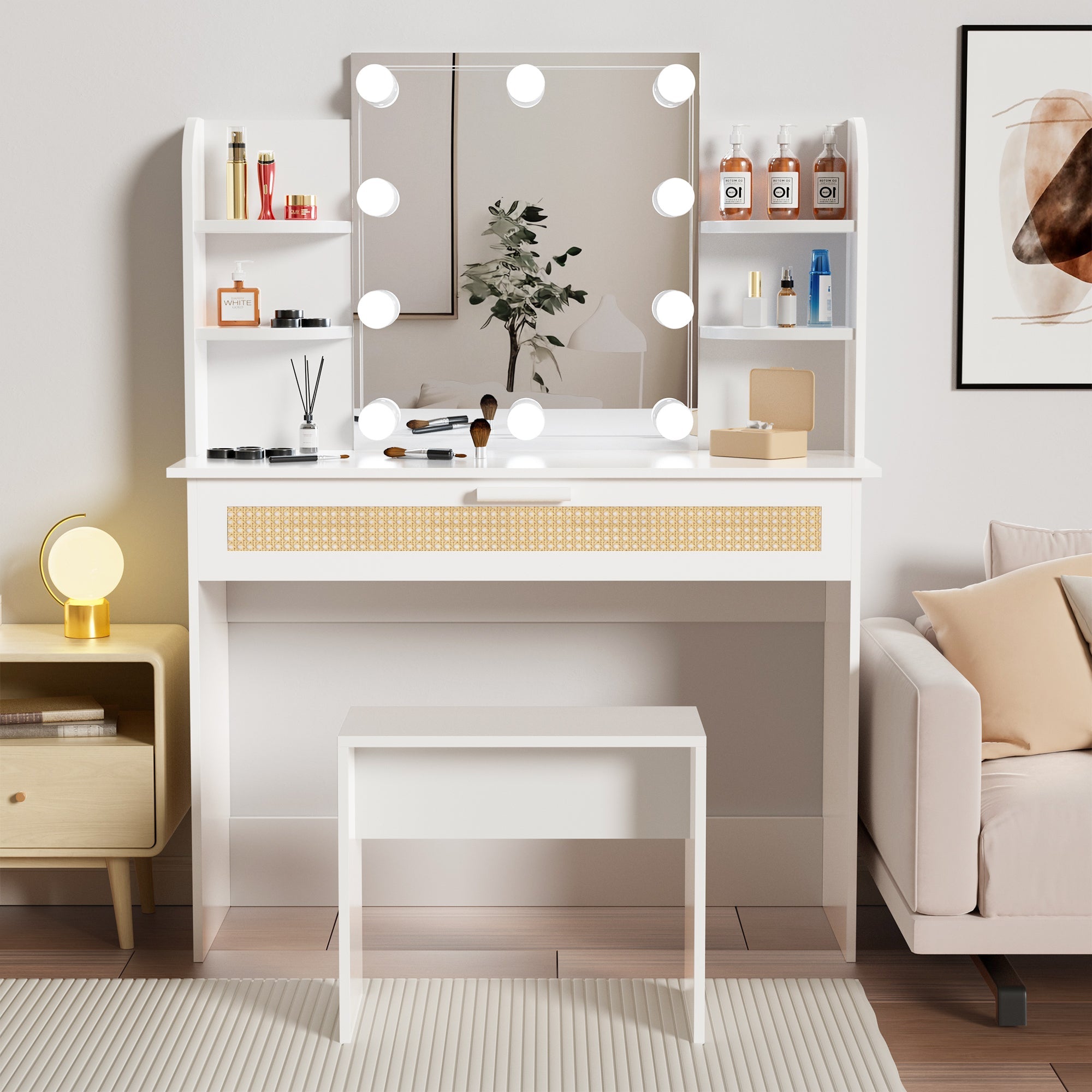 Modern Vanity Desk with LED Mirror & Drawers - White-American Furniture Outlet