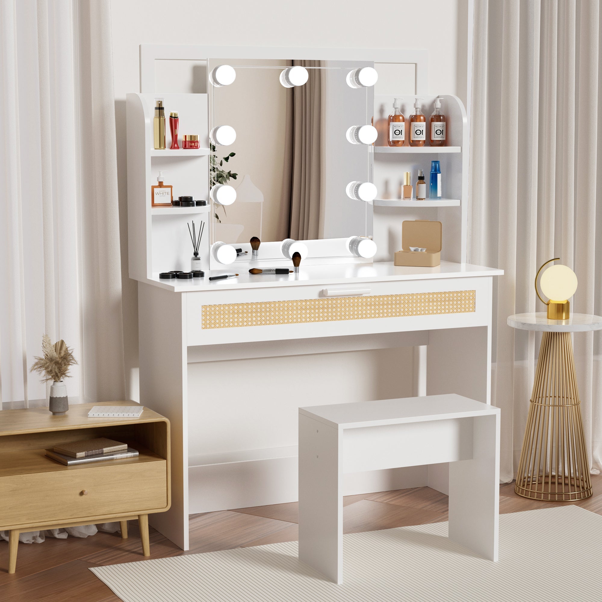 Modern Vanity Desk with LED Mirror & Drawers - White-American Furniture Outlet