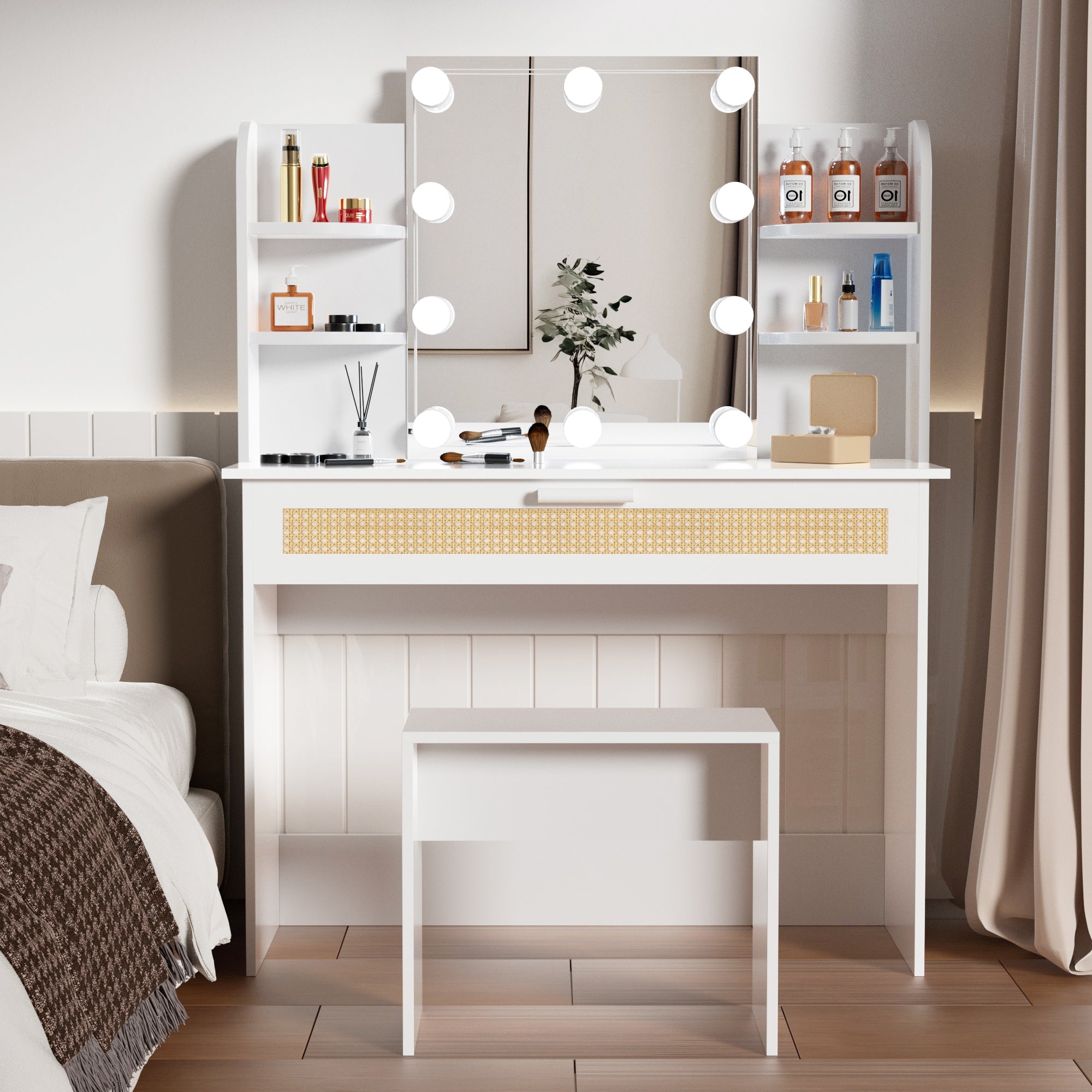 Modern Vanity Desk with LED Mirror & Drawers - White-American Furniture Outlet