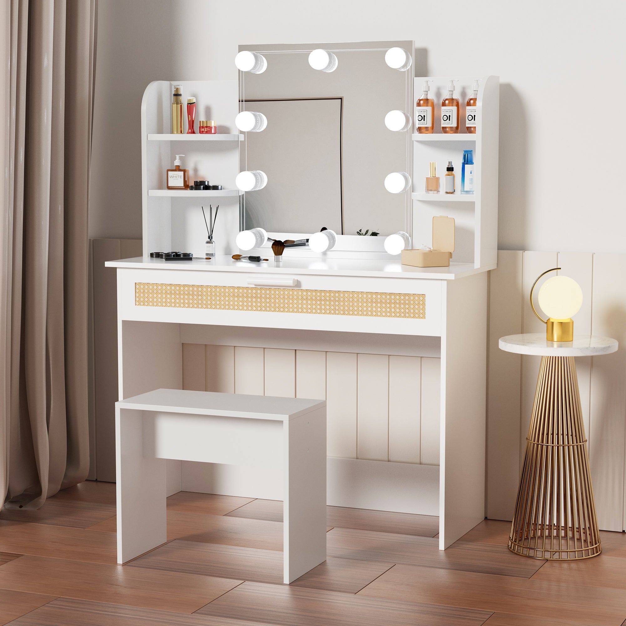 Modern Vanity Desk with LED Mirror & Drawers - White-American Furniture Outlet