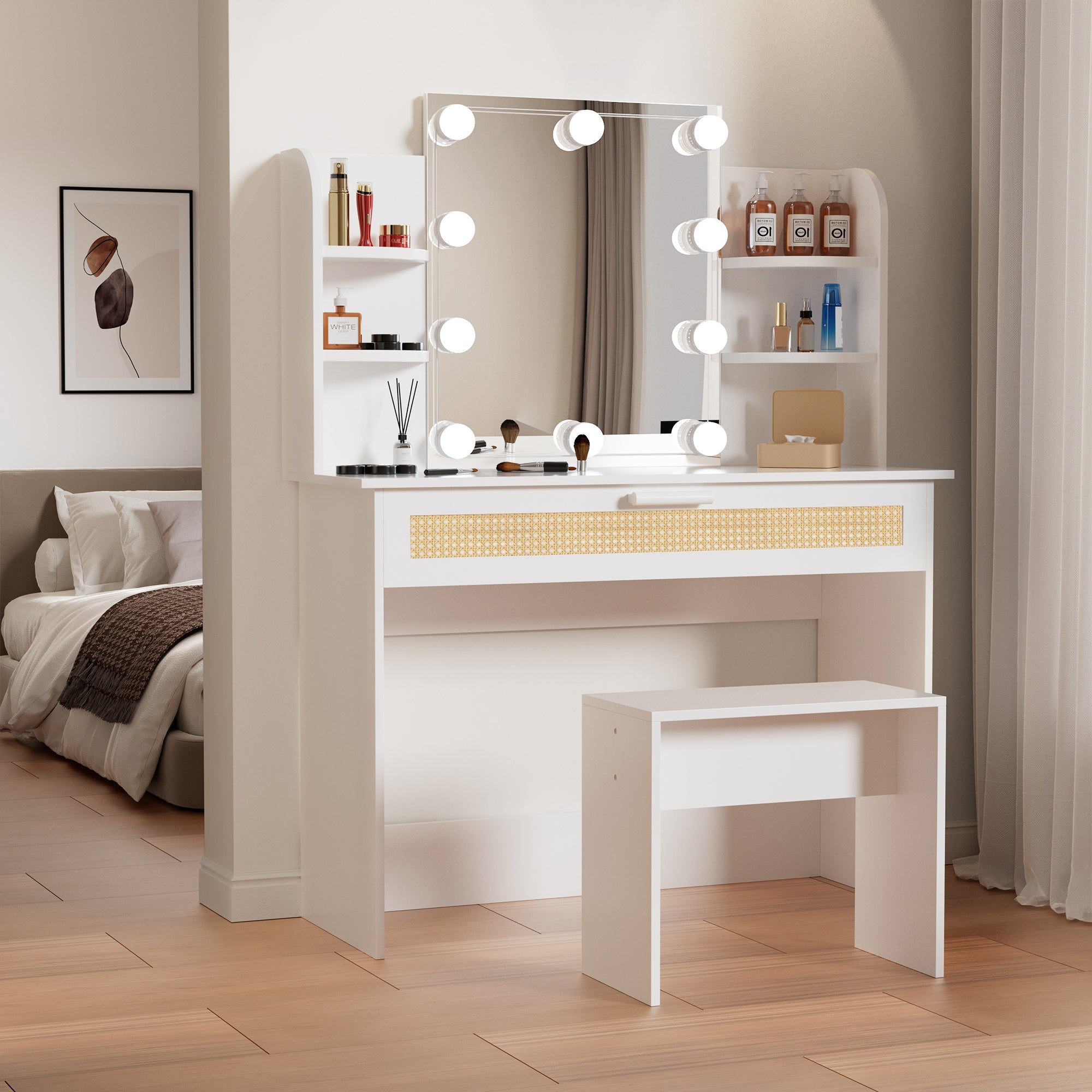 Modern Vanity Desk with LED Mirror & Drawers - White-American Furniture Outlet