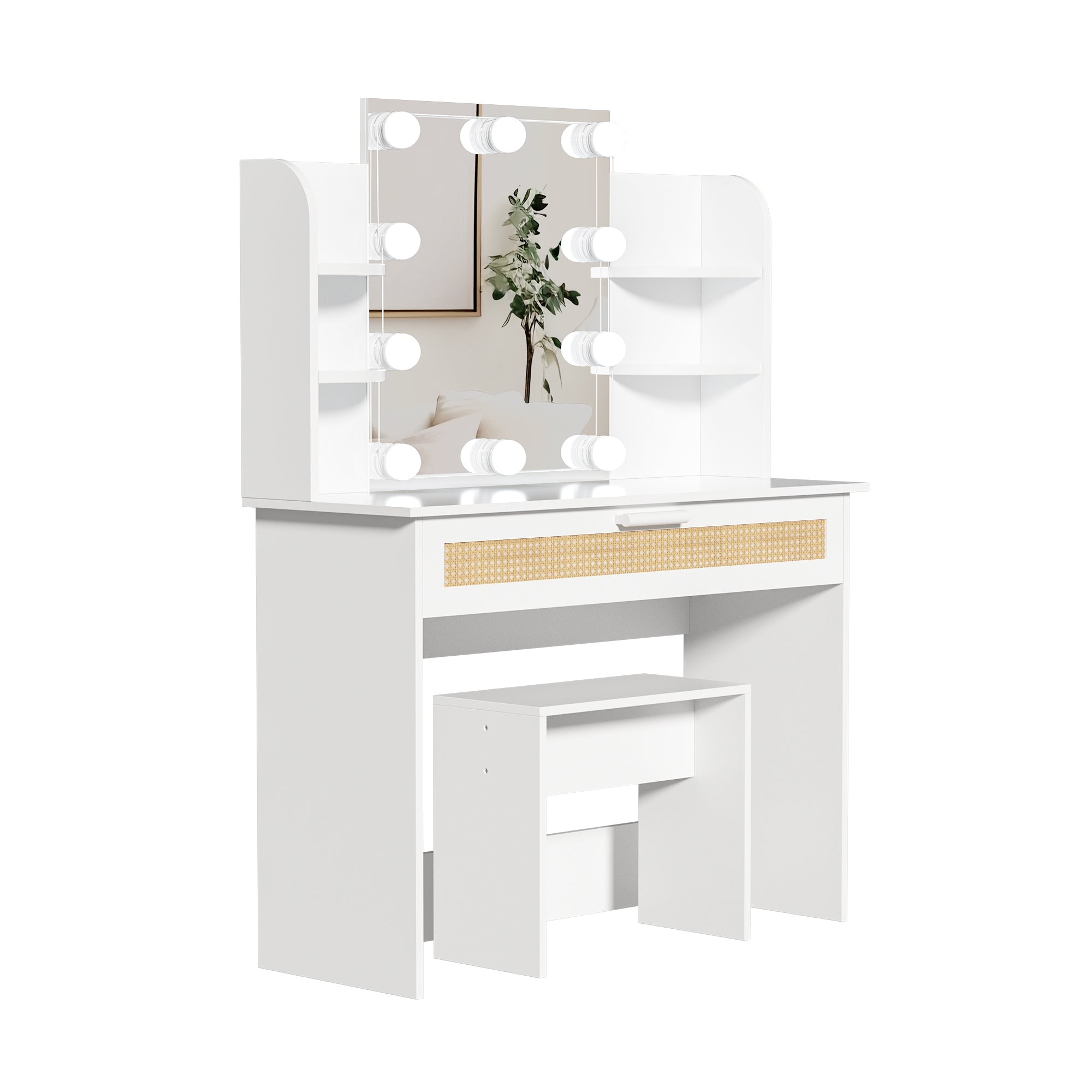 Modern Vanity Desk with LED Mirror & Drawers - White-American Furniture Outlet