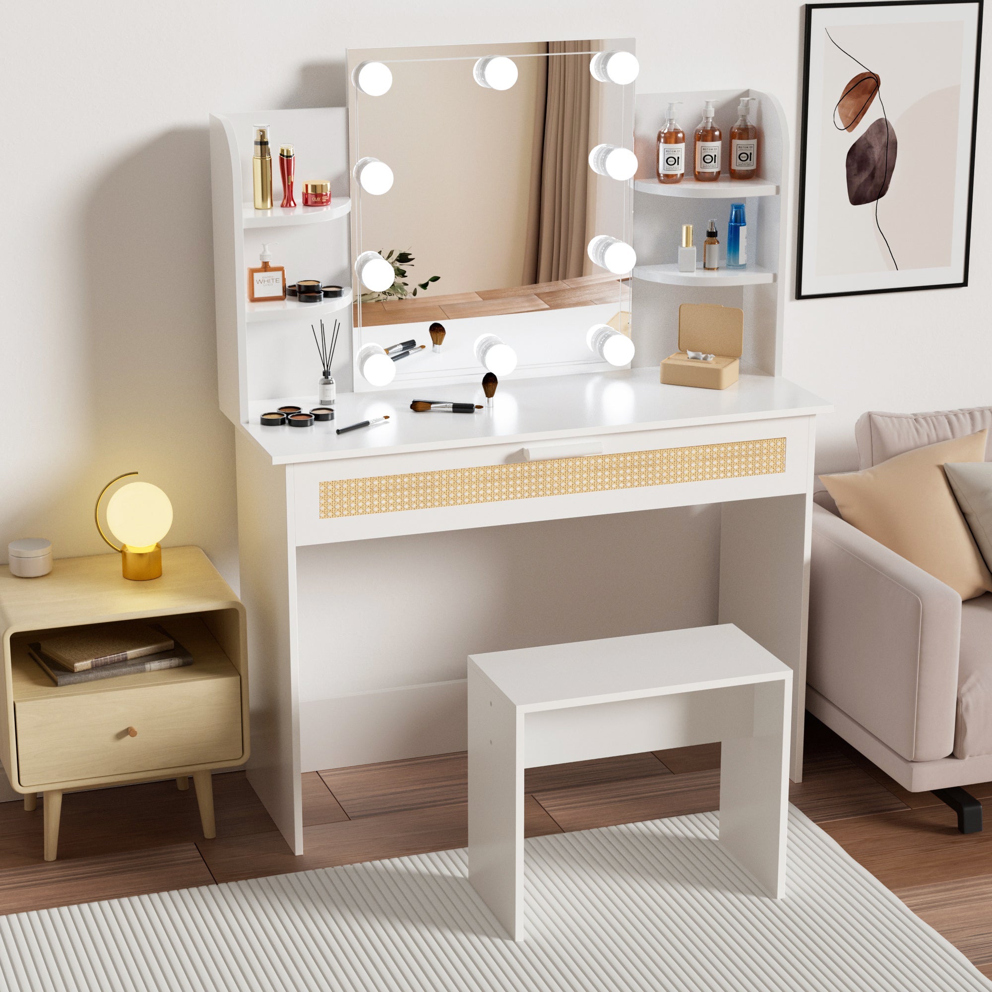 Modern Vanity Desk with LED Mirror & Drawers - White-American Furniture Outlet