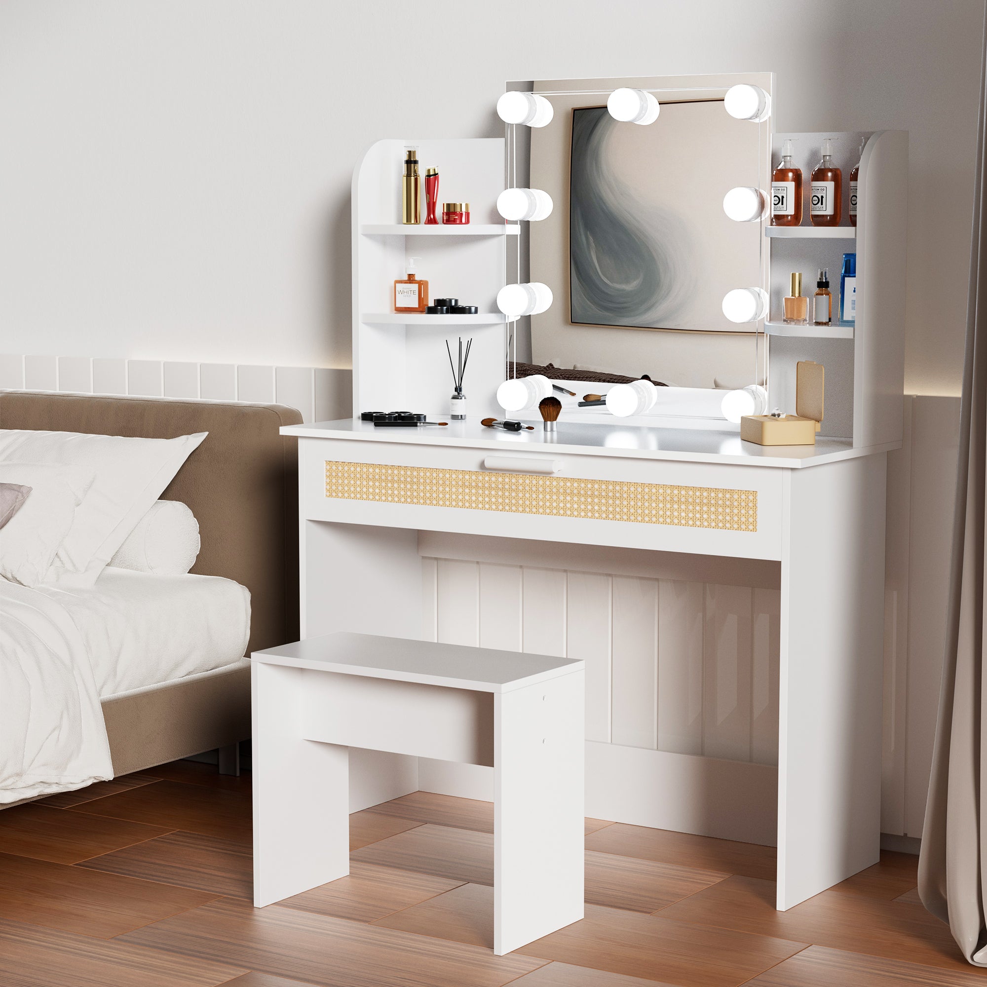 Modern Vanity Desk with LED Mirror & Drawers - White-American Furniture Outlet