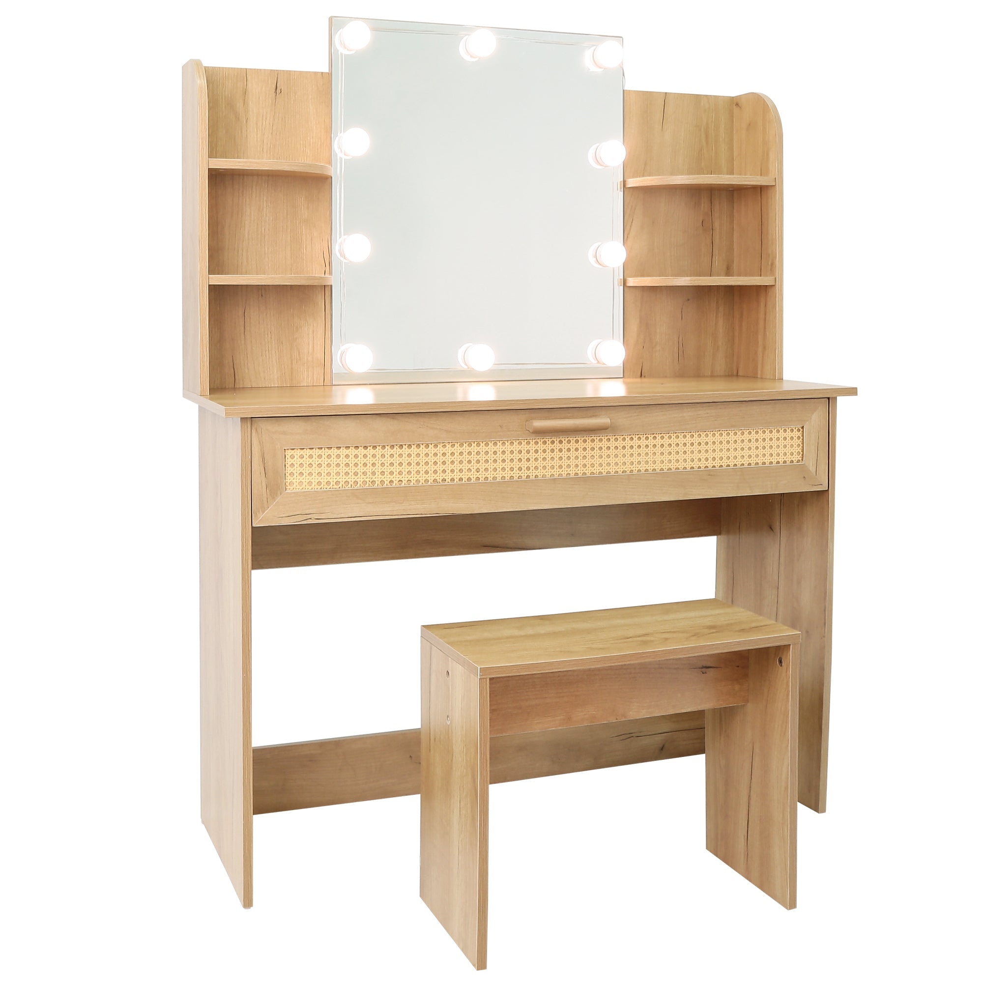 Modern Vanity Desk with LED Mirror & Stool - Natural Wood-American Furniture Outlet