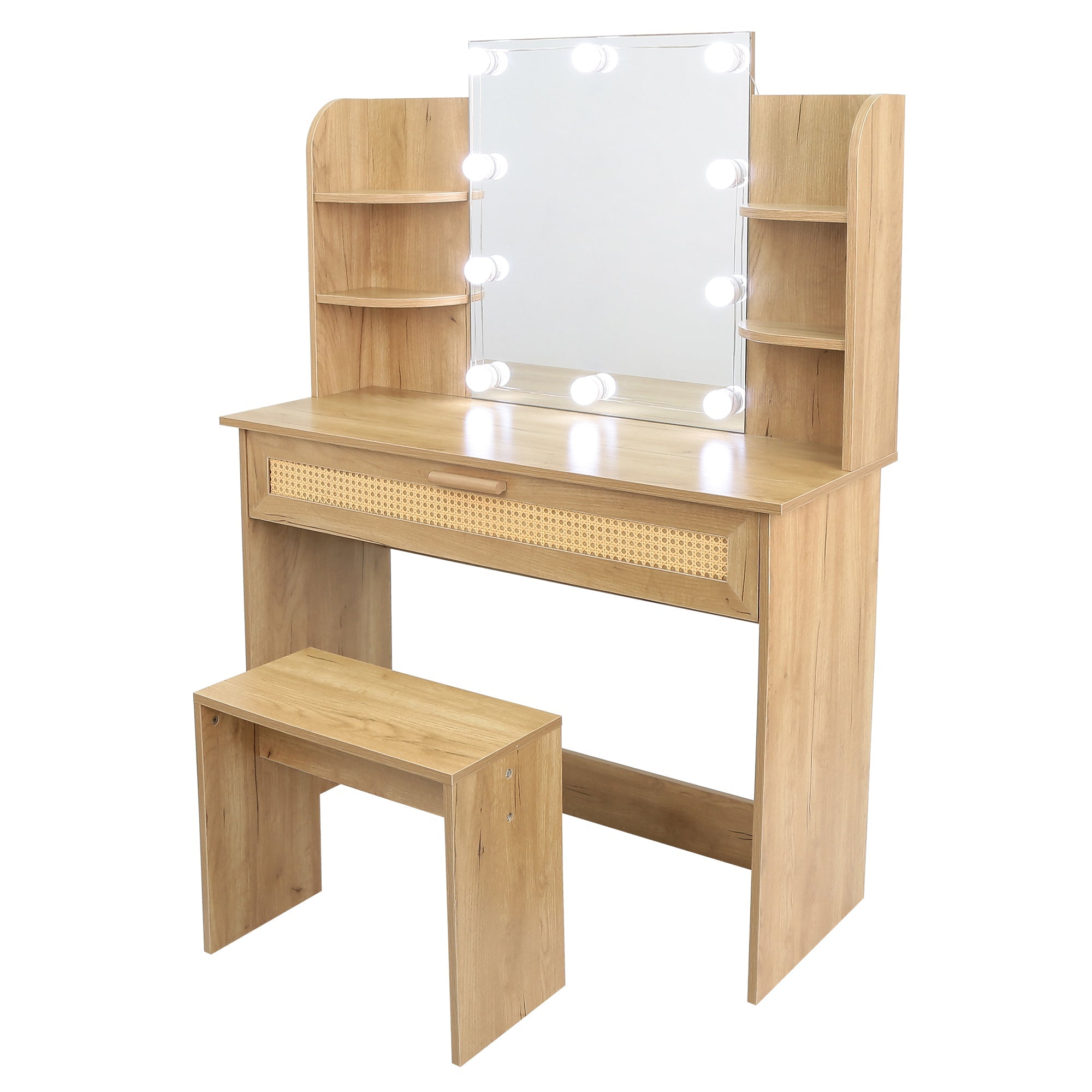 Modern Vanity Desk with LED Mirror & Stool - Natural Wood-American Furniture Outlet