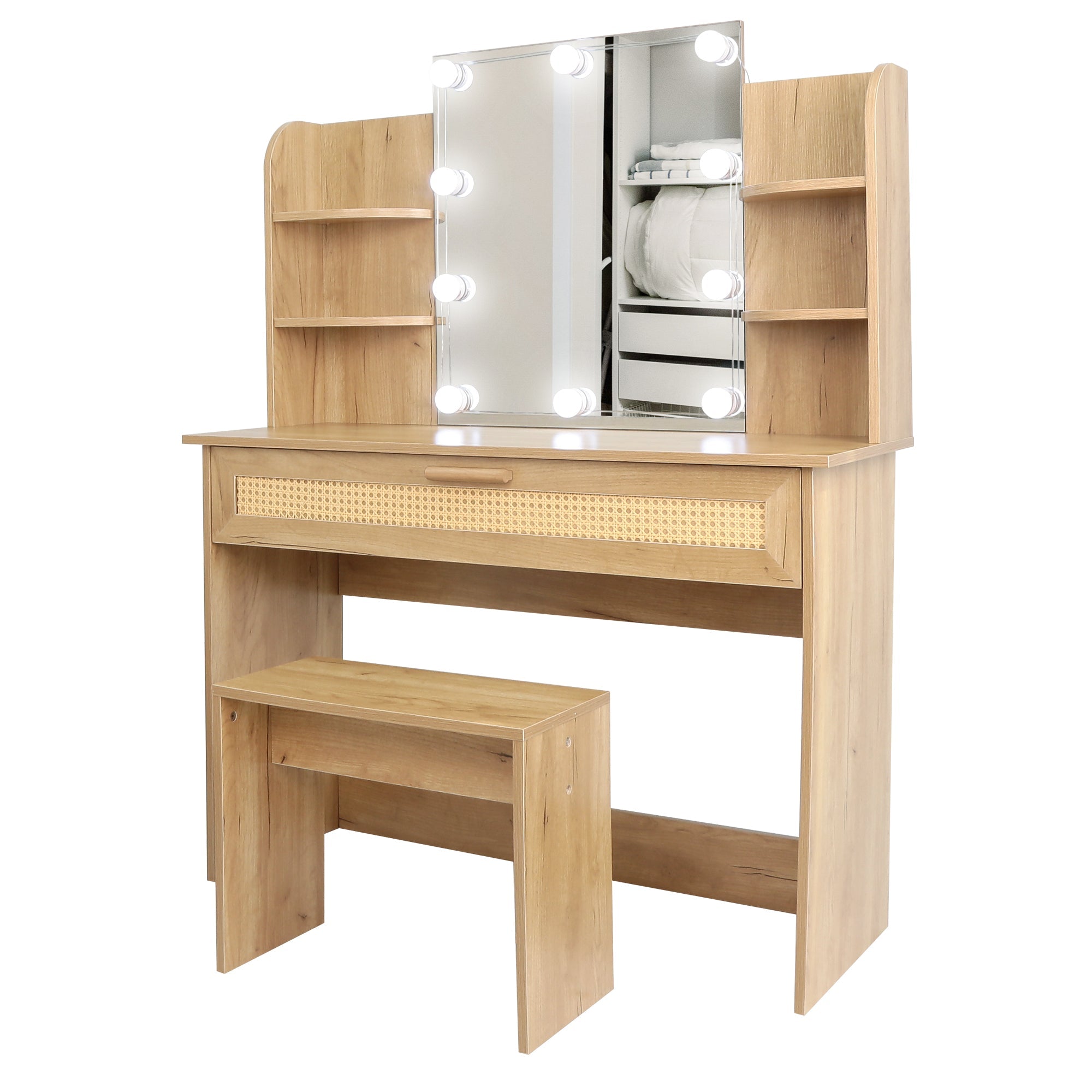 Modern Vanity Desk with LED Mirror & Stool - Natural Wood-American Furniture Outlet