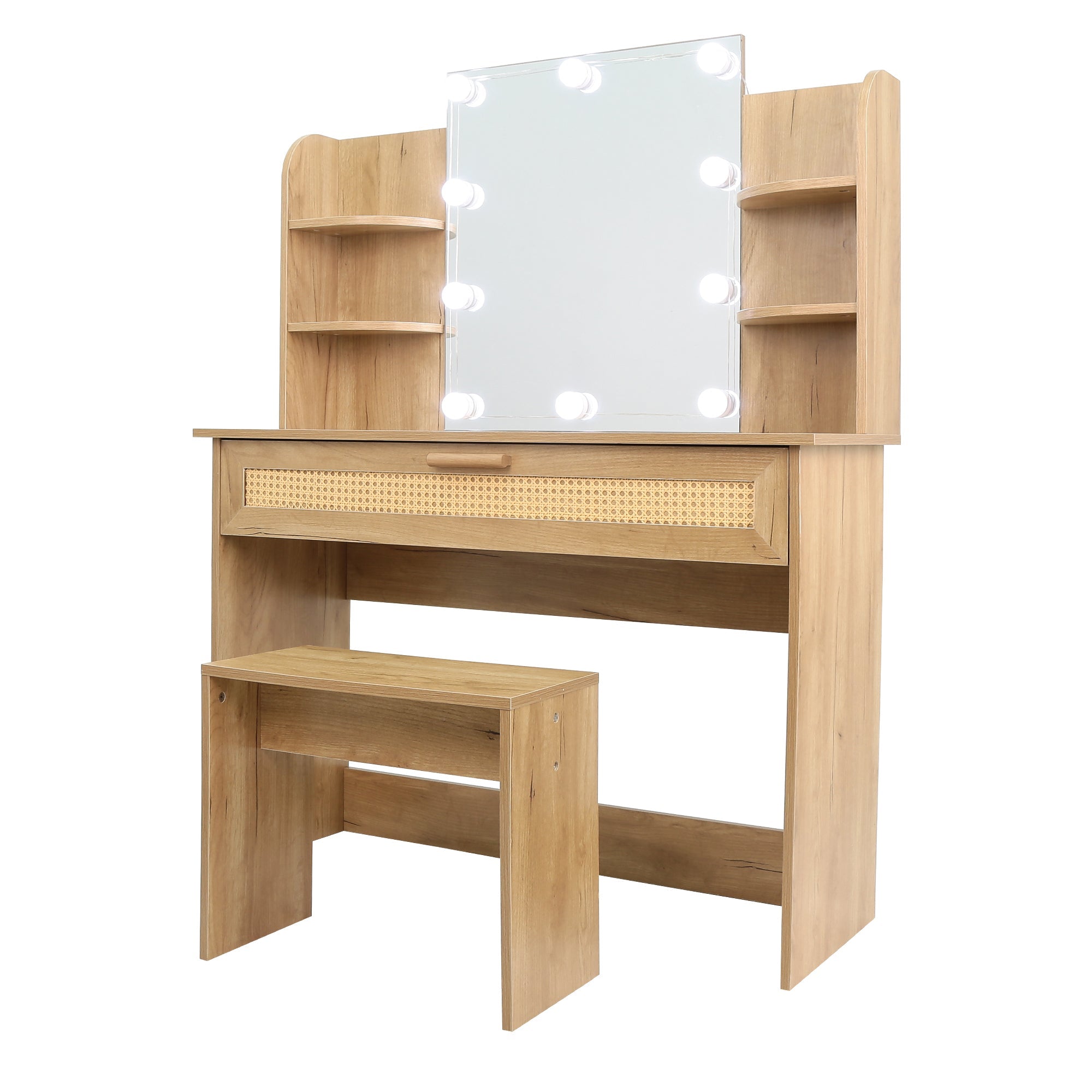 Modern Vanity Desk with LED Mirror & Stool - Natural Wood-American Furniture Outlet