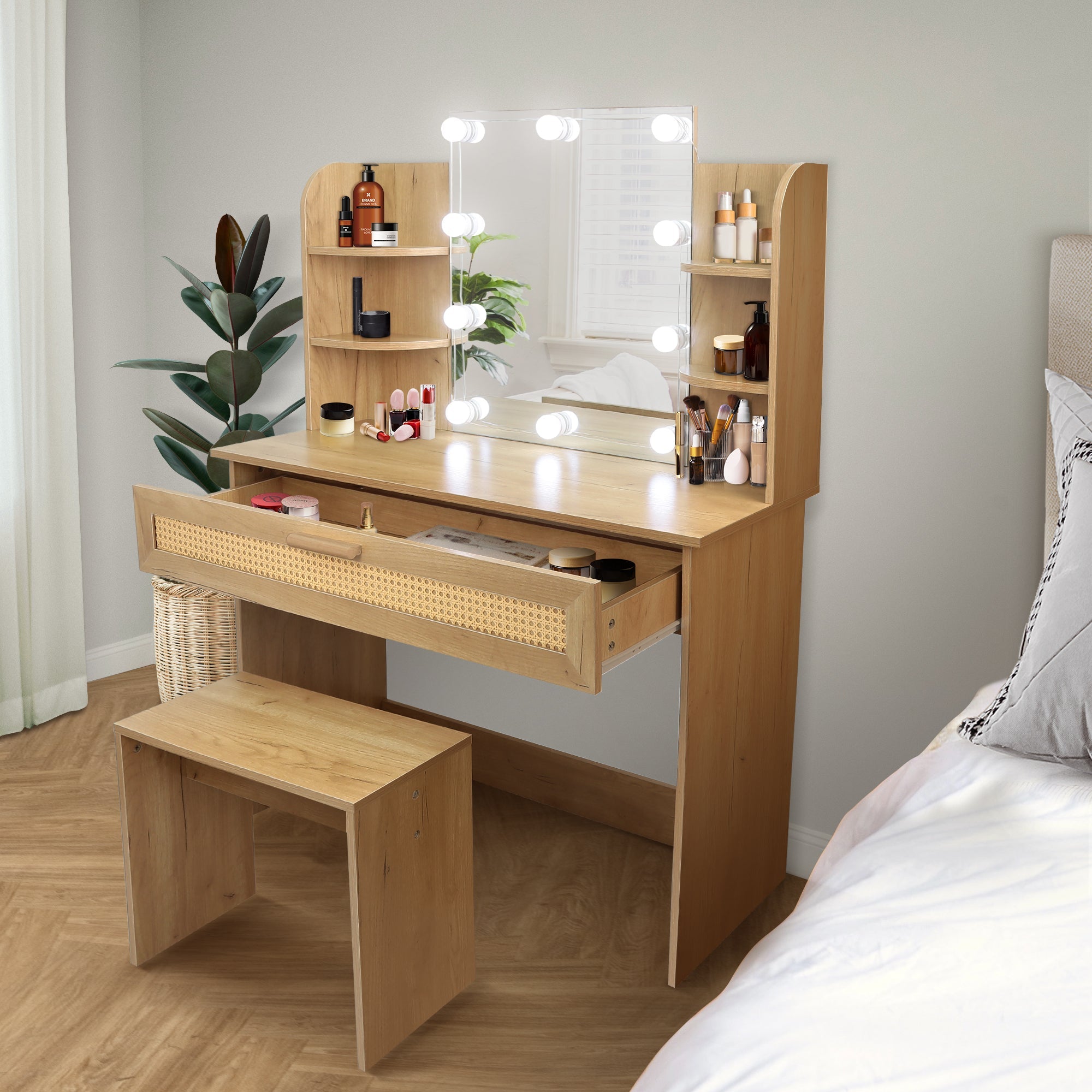 Modern Vanity Desk with LED Mirror & Stool - Natural Wood-American Furniture Outlet