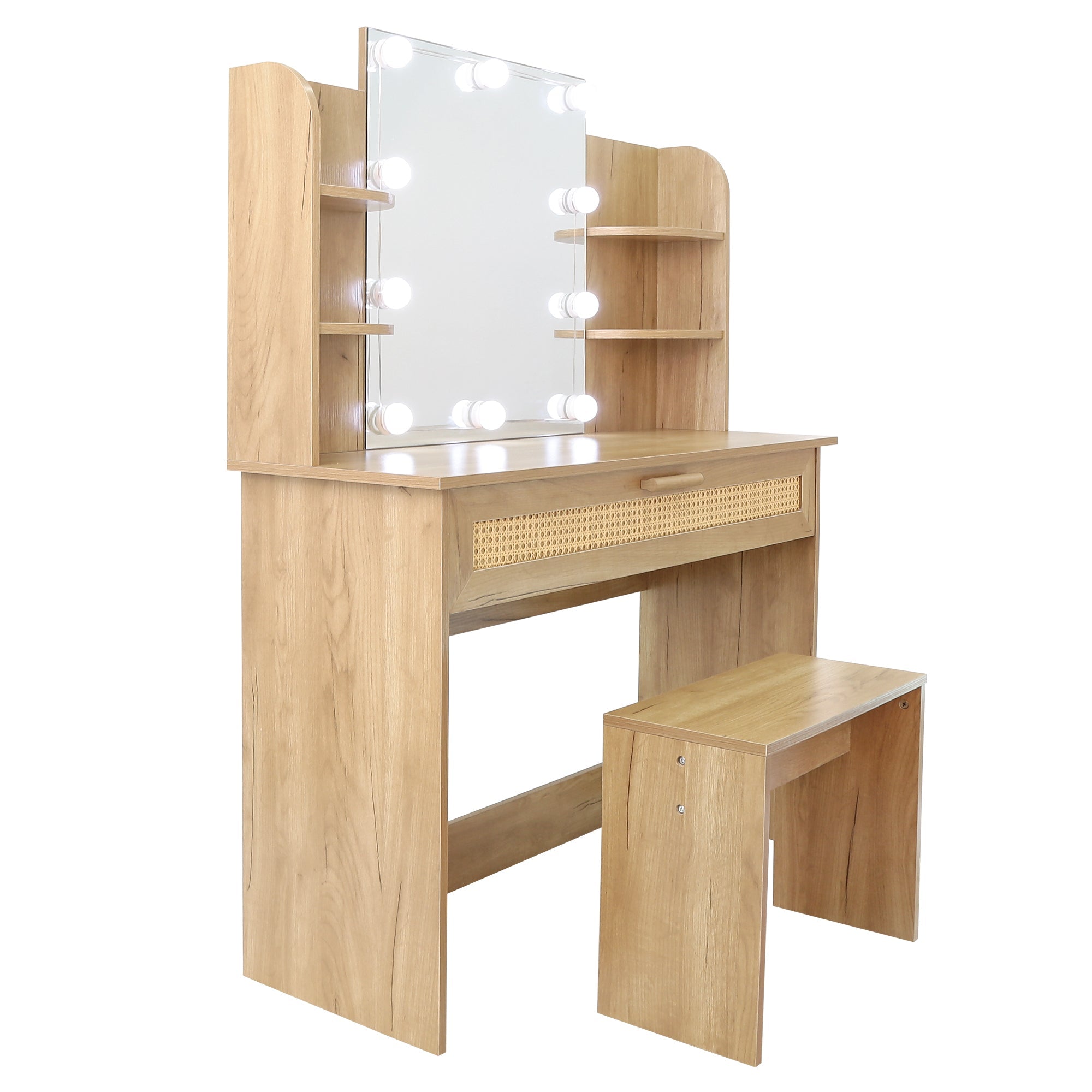 Modern Vanity Desk with LED Mirror & Stool - Natural Wood-American Furniture Outlet