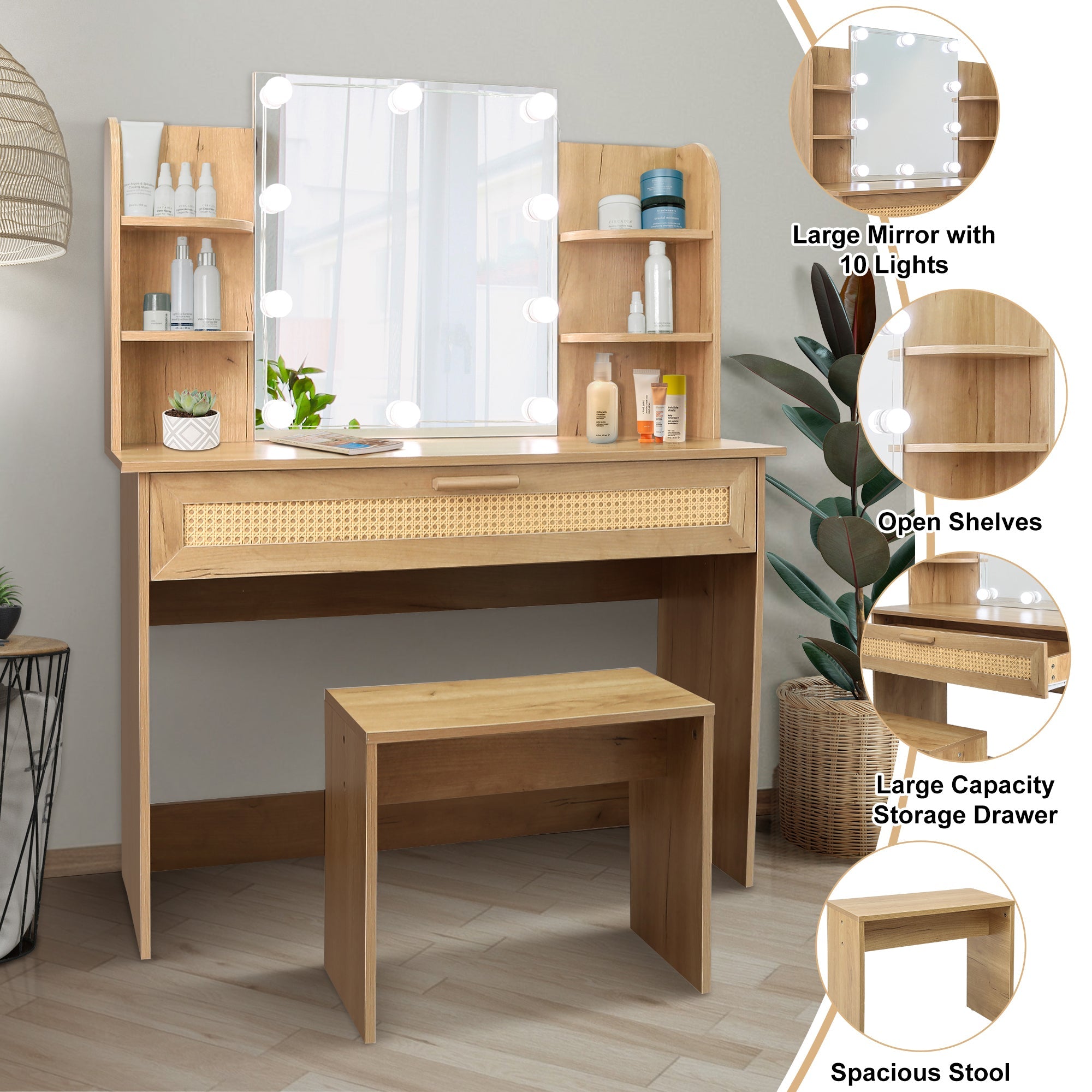 Modern Vanity Desk with LED Mirror & Stool - Natural Wood-American Furniture Outlet