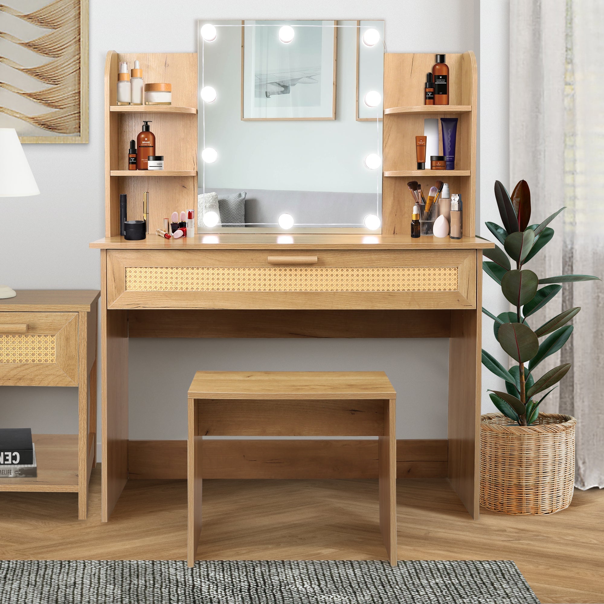 Modern Vanity Desk with LED Mirror & Stool - Natural Wood-American Furniture Outlet