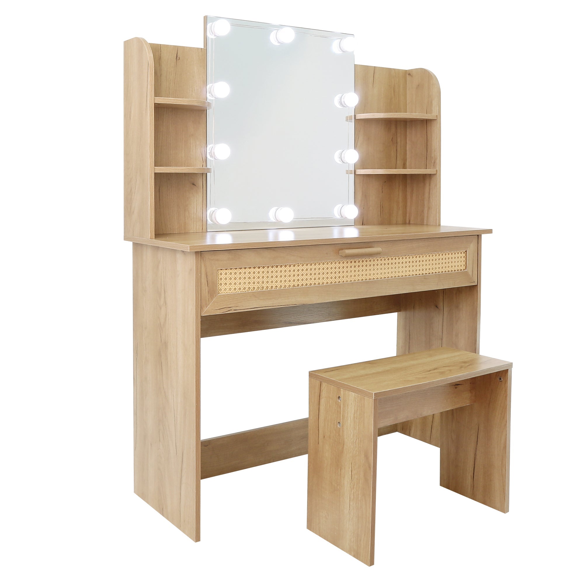 Modern Vanity Desk with LED Mirror & Stool - Natural Wood-American Furniture Outlet