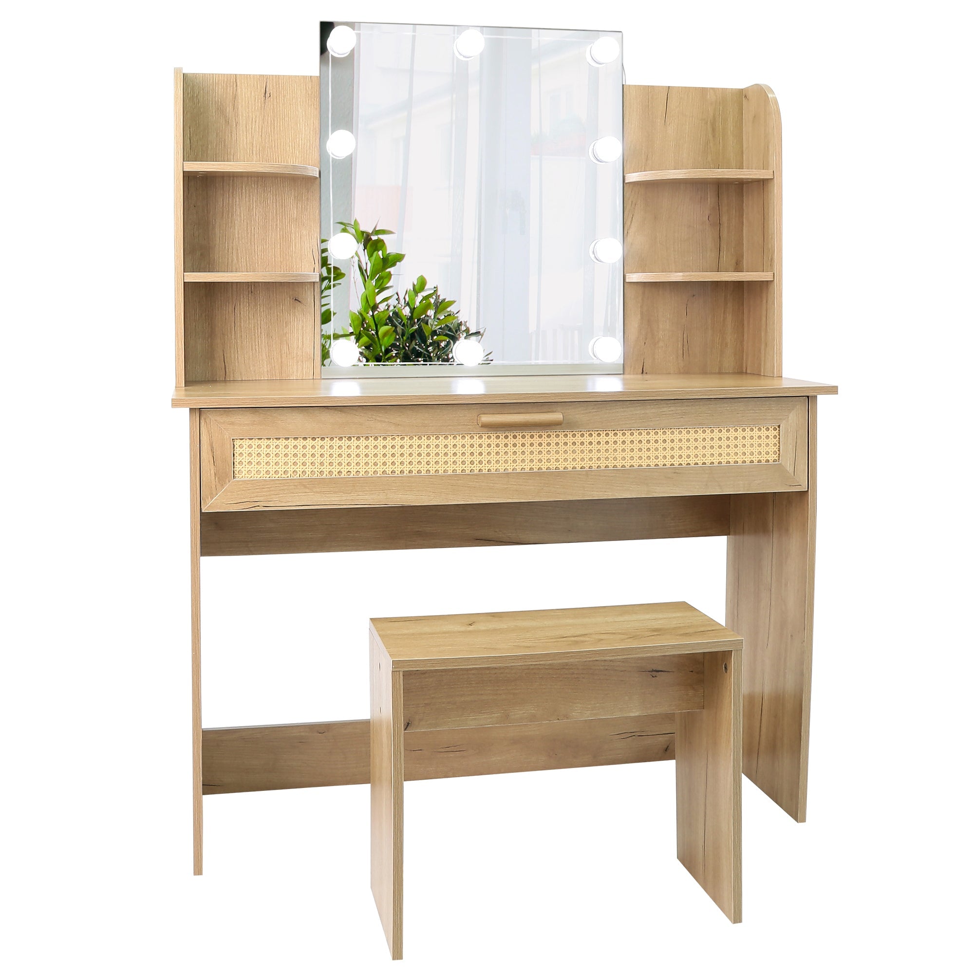 Modern Vanity Desk with LED Mirror & Stool - Natural Wood-American Furniture Outlet