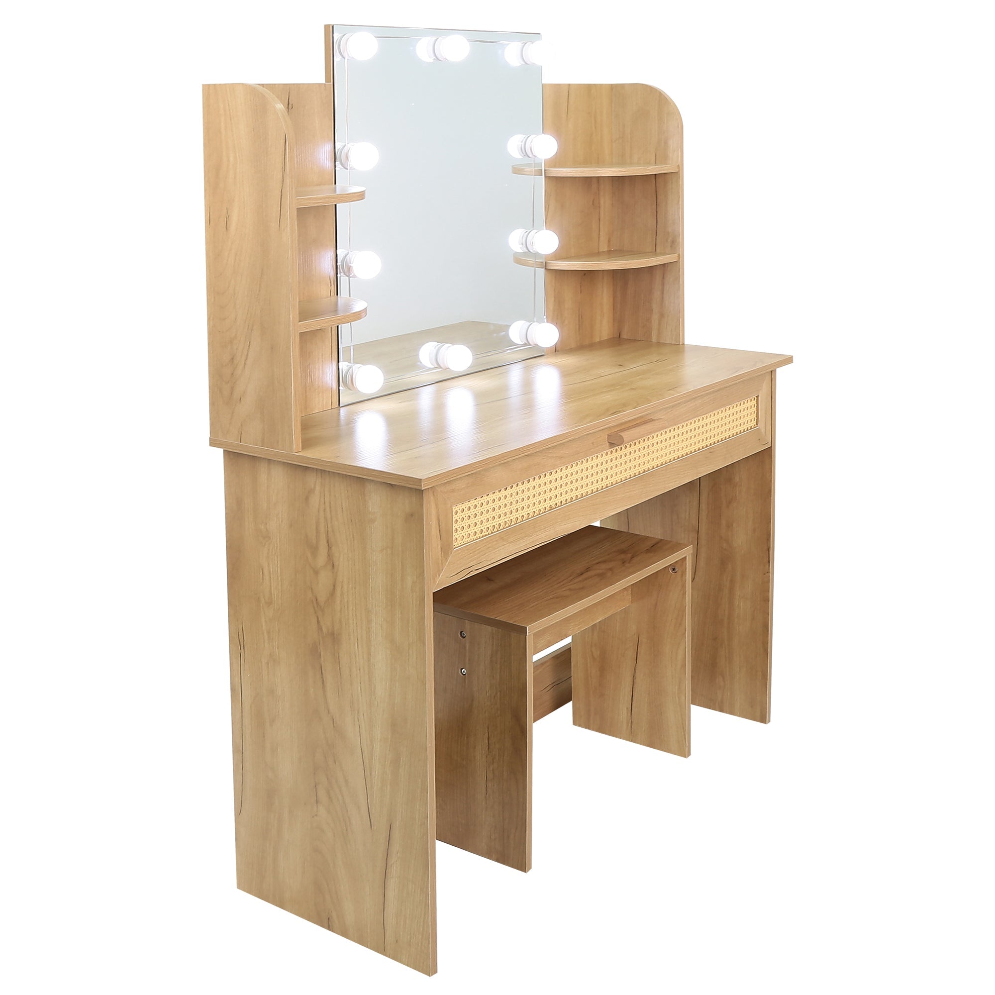 Modern Vanity Desk with LED Mirror & Stool - Natural Wood-American Furniture Outlet