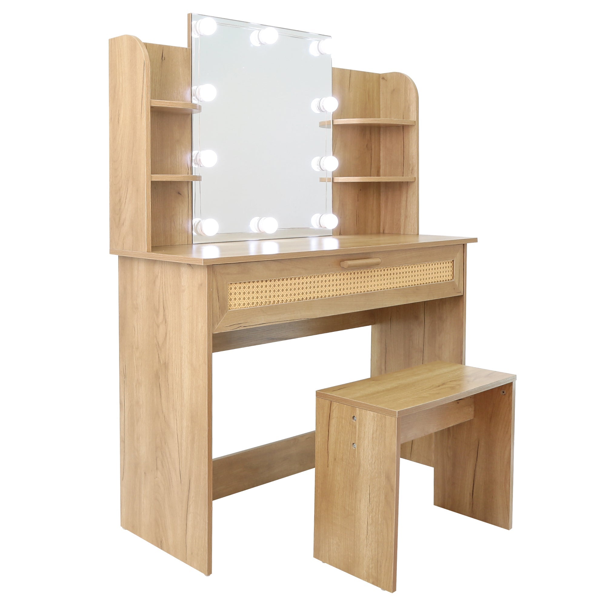 Modern Vanity Desk with LED Mirror & Stool - Natural Wood-American Furniture Outlet