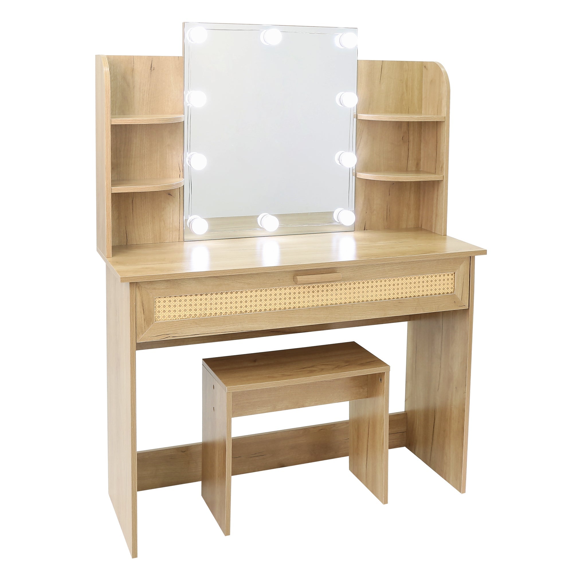 Modern Vanity Desk with LED Mirror & Stool - Natural Wood-American Furniture Outlet