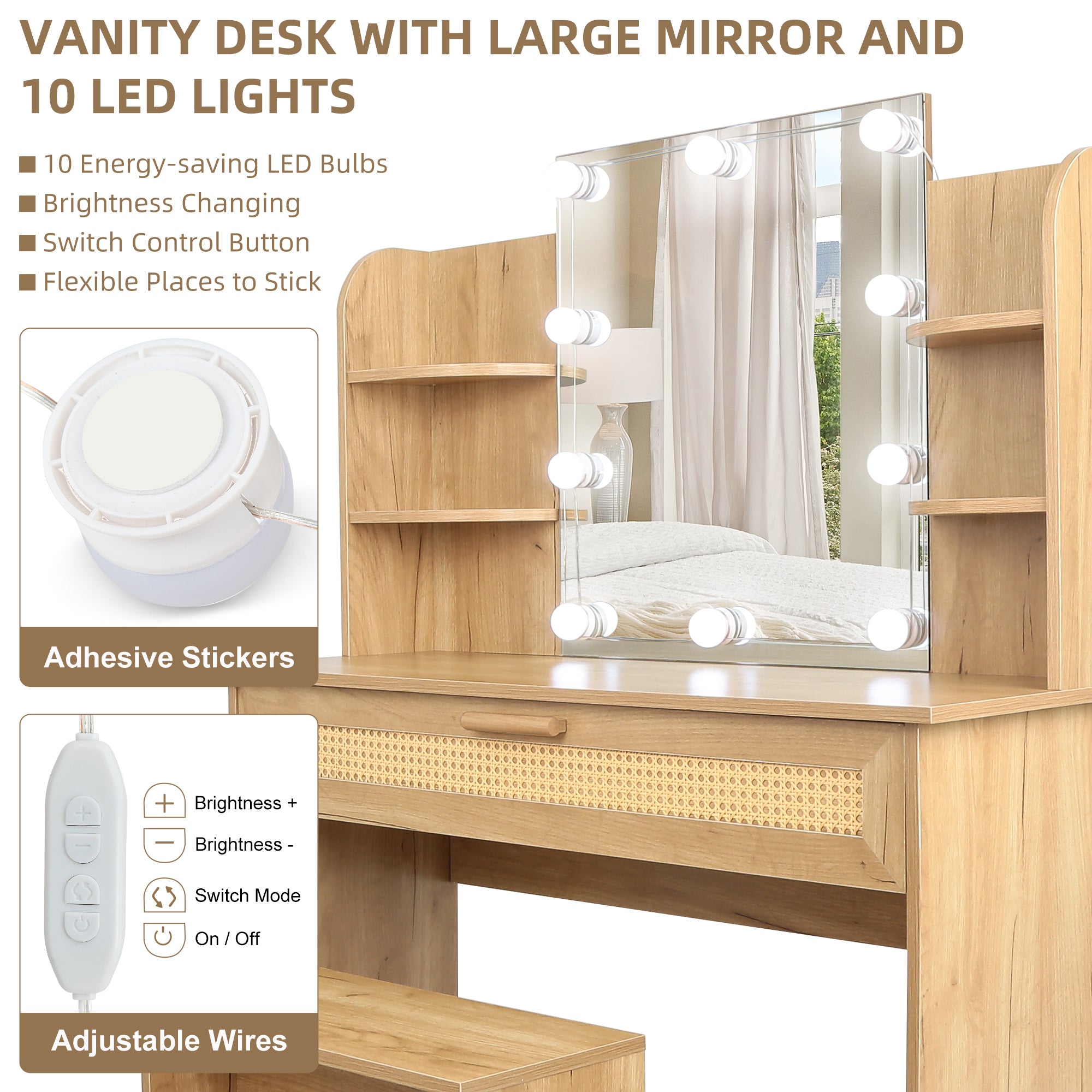 Modern Vanity Desk with LED Mirror & Stool - Natural Wood-American Furniture Outlet