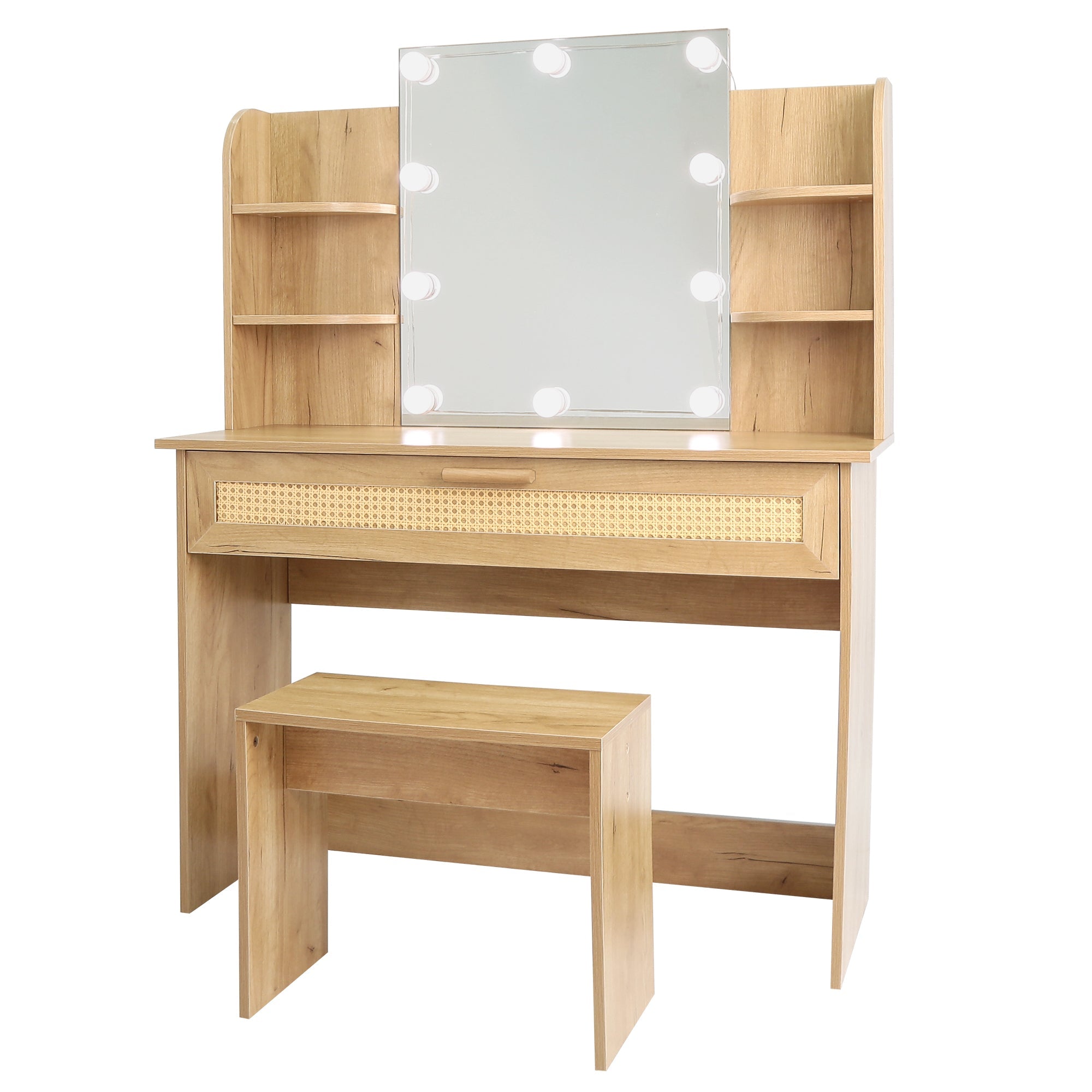 Modern Vanity Desk with LED Mirror & Stool - Natural Wood-American Furniture Outlet